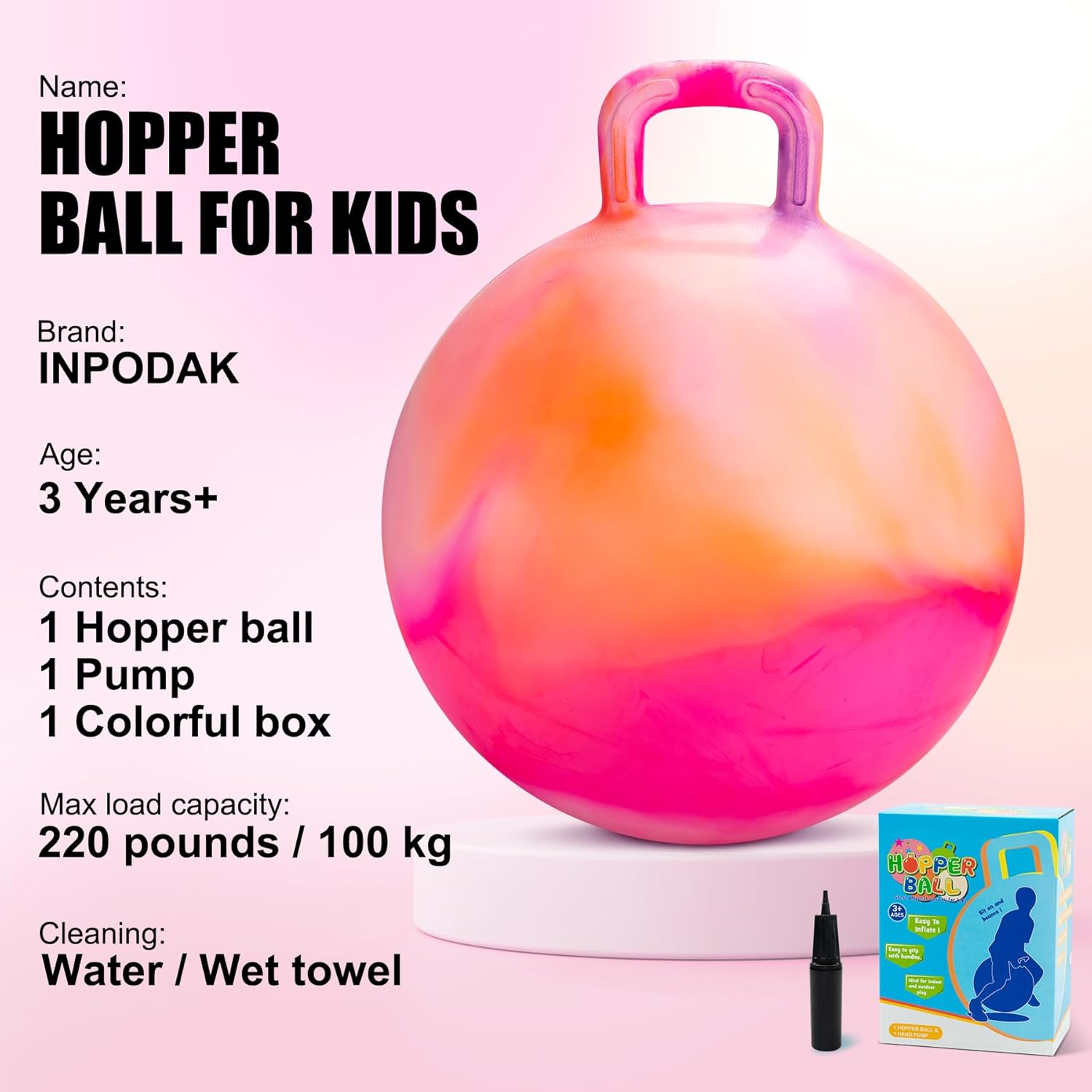 Thumbnail 1 de INPODAK 18-Inch Hopper Ball With Handle (Kids Bouncy Jumping Toy, Ages 3–6) — Includes Pump & Gift Box