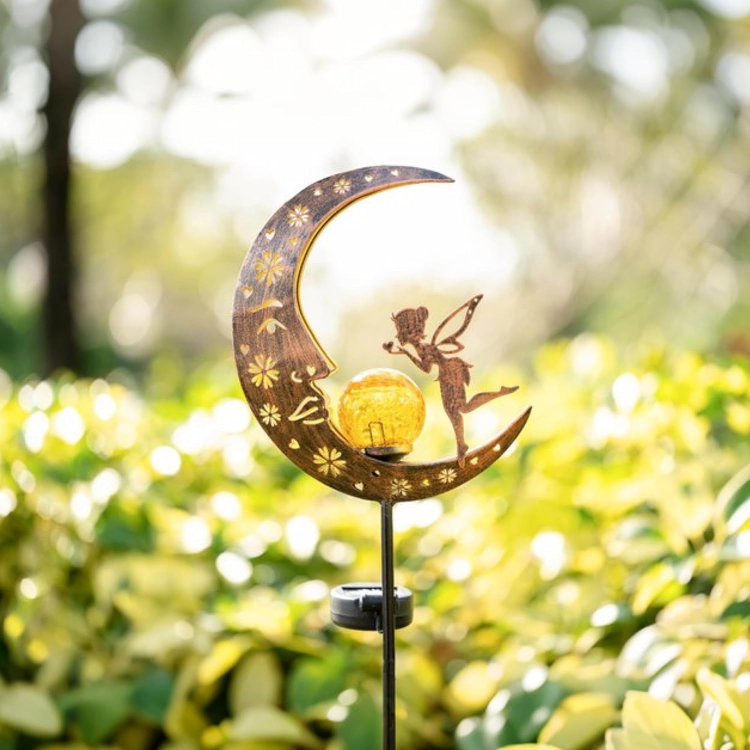 Thumbnail 2 de TERESA'S COLLECTIONS 100cm High Moon Solar Lights Outdoor Garden Fairy Stake with Warm LED & Crackle Glass Ball