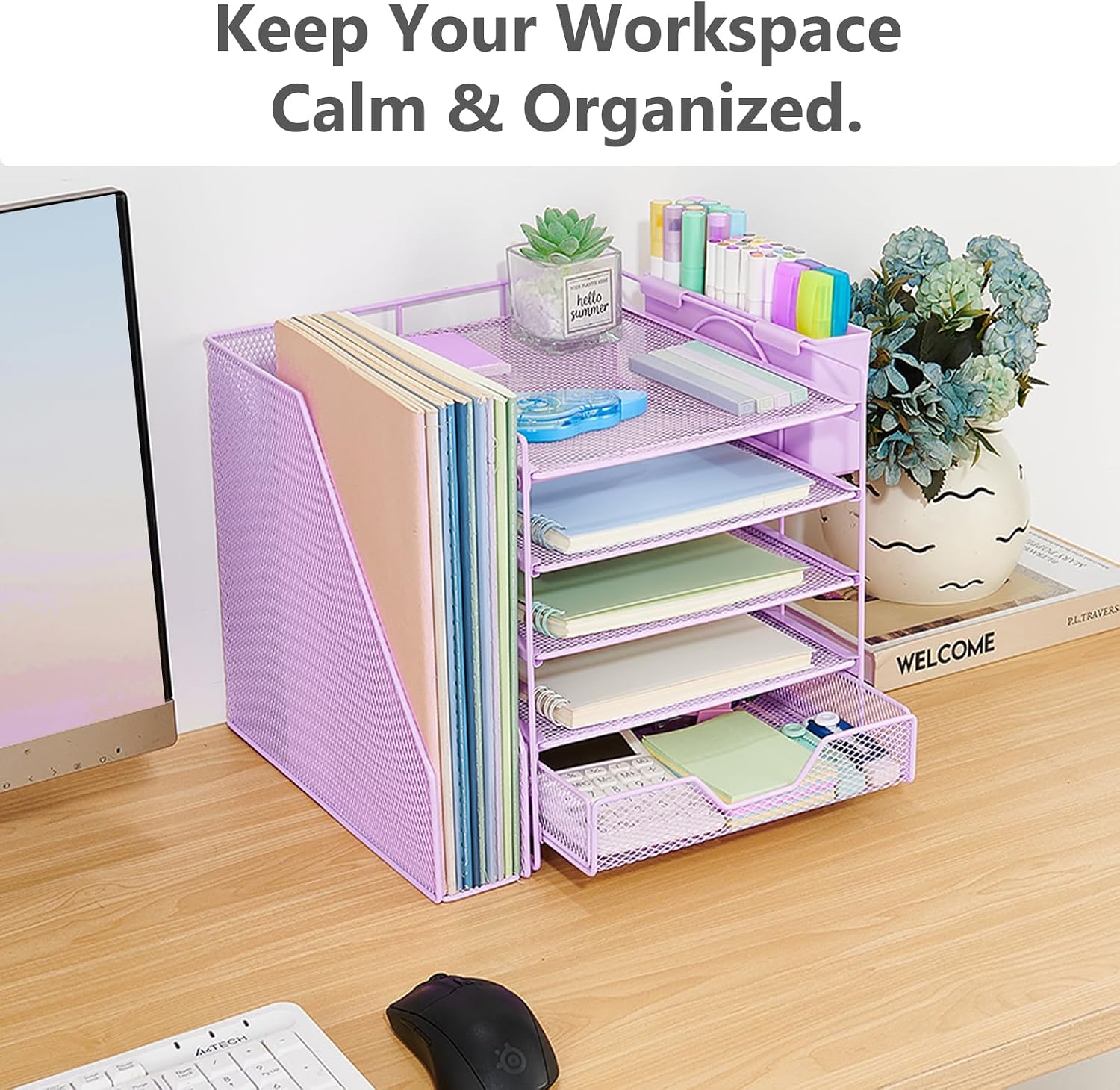 Thumbnail 4 de Gugsey Desk File Organizer, 5-Tier Metal Desk Organizer with Drawer & Pen Holder, Purple