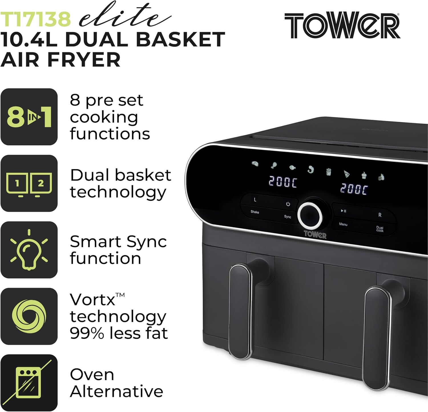 Thumbnail 1 de Tower T17138 Vortx Elite 10.4L Dual Basket Air Fryer with Sync Finish, 1700W