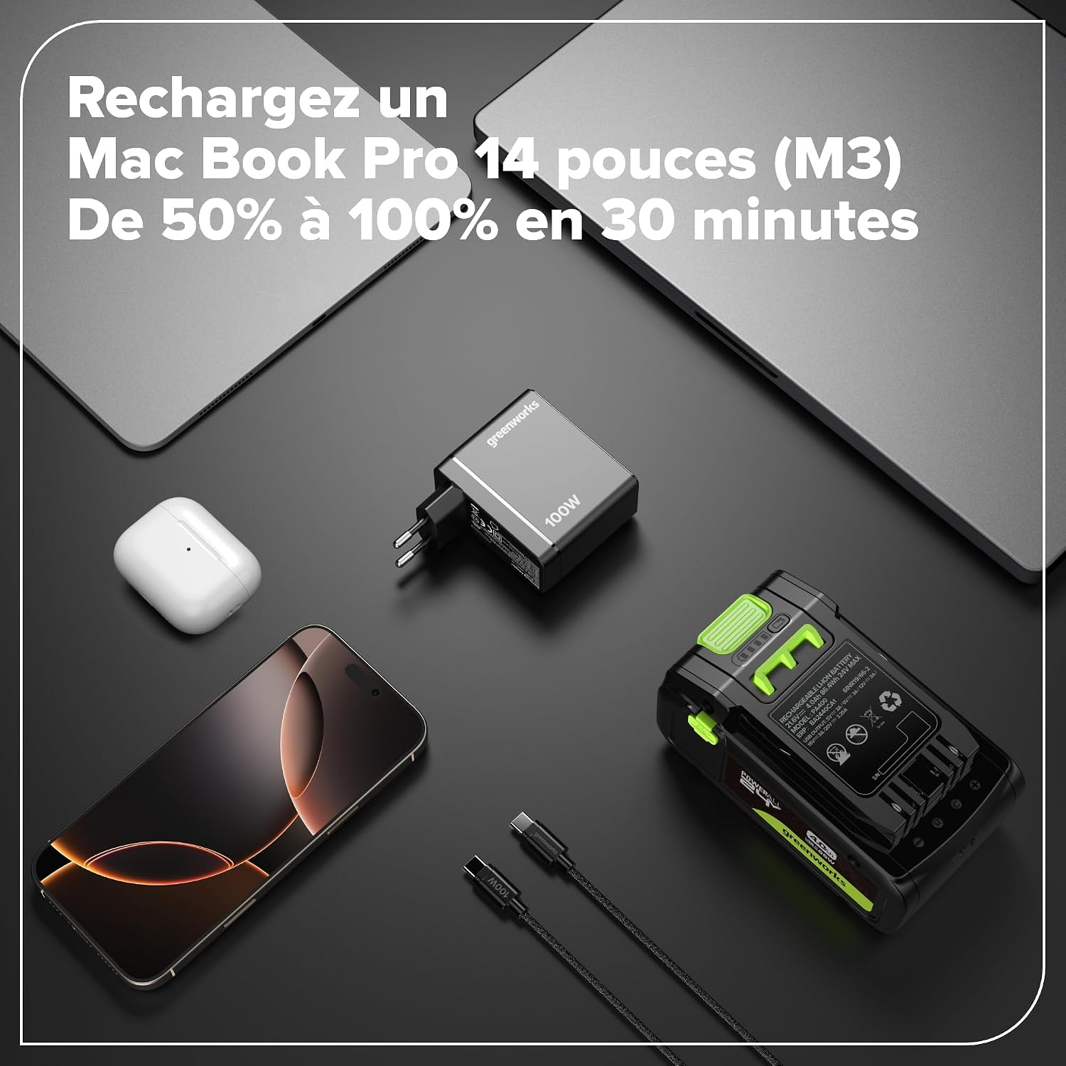 Detalle de Greenworks Chargeur USB-C 100 W PPS – Ultra-compact et polyvalent pour MacBook, iPhone et plus