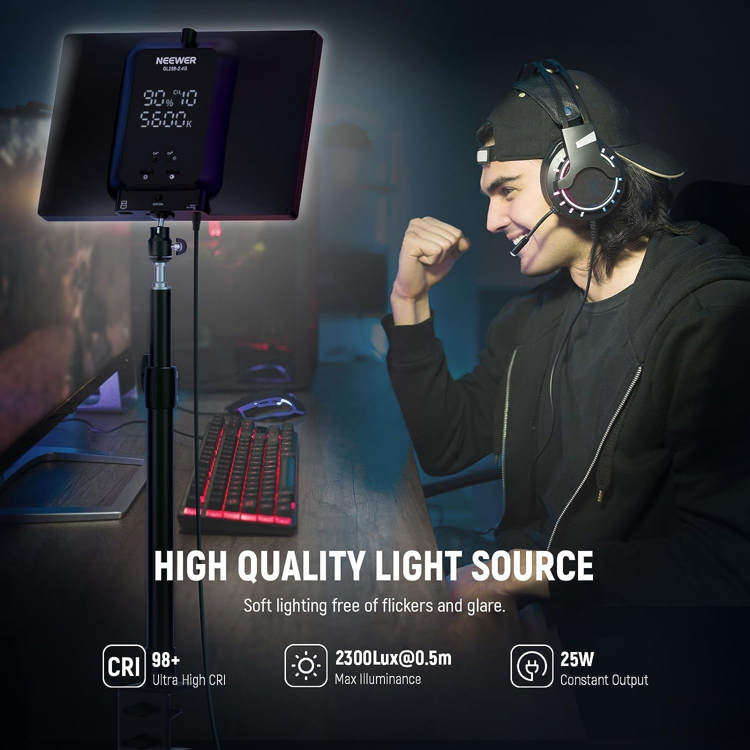 Detalle de NEEWER GL25B 12.9" Streaming Key Light with 2.4G RT100 Remote and App Control
