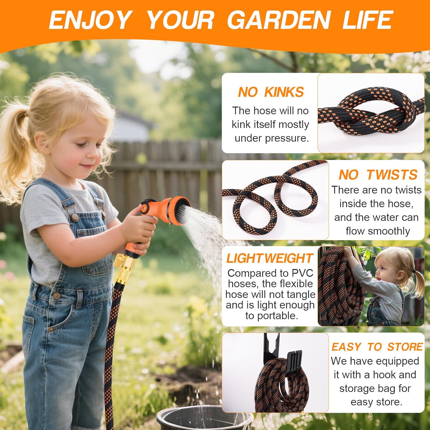 Detalle de Expandable Garden Hose 100FT with 10-Function Spray Gun and Brass Fittings