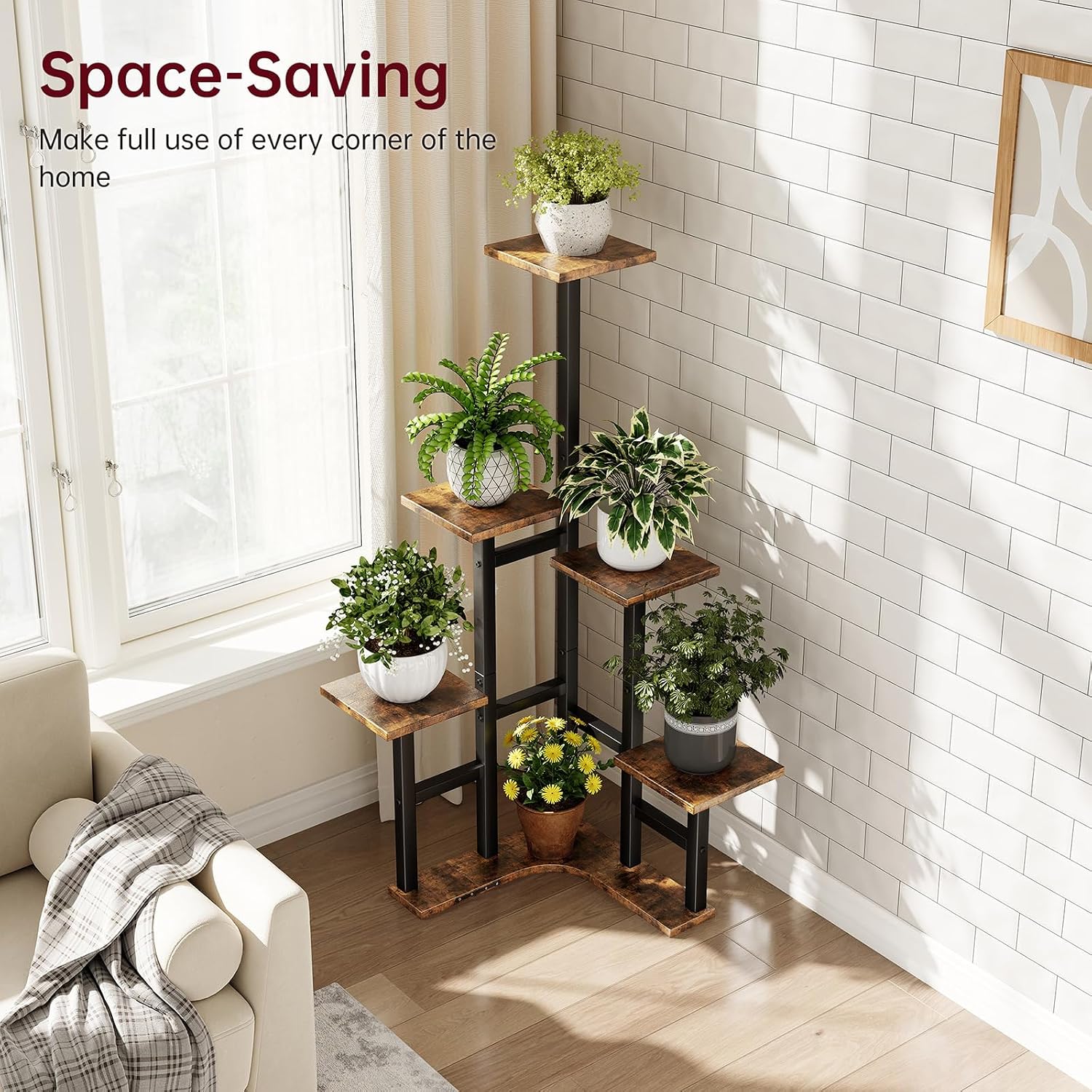 Detalle 1 de Yzosvki PLS0004BR 6-Tier Corner Plant Stand with Rustic Brown Shelves