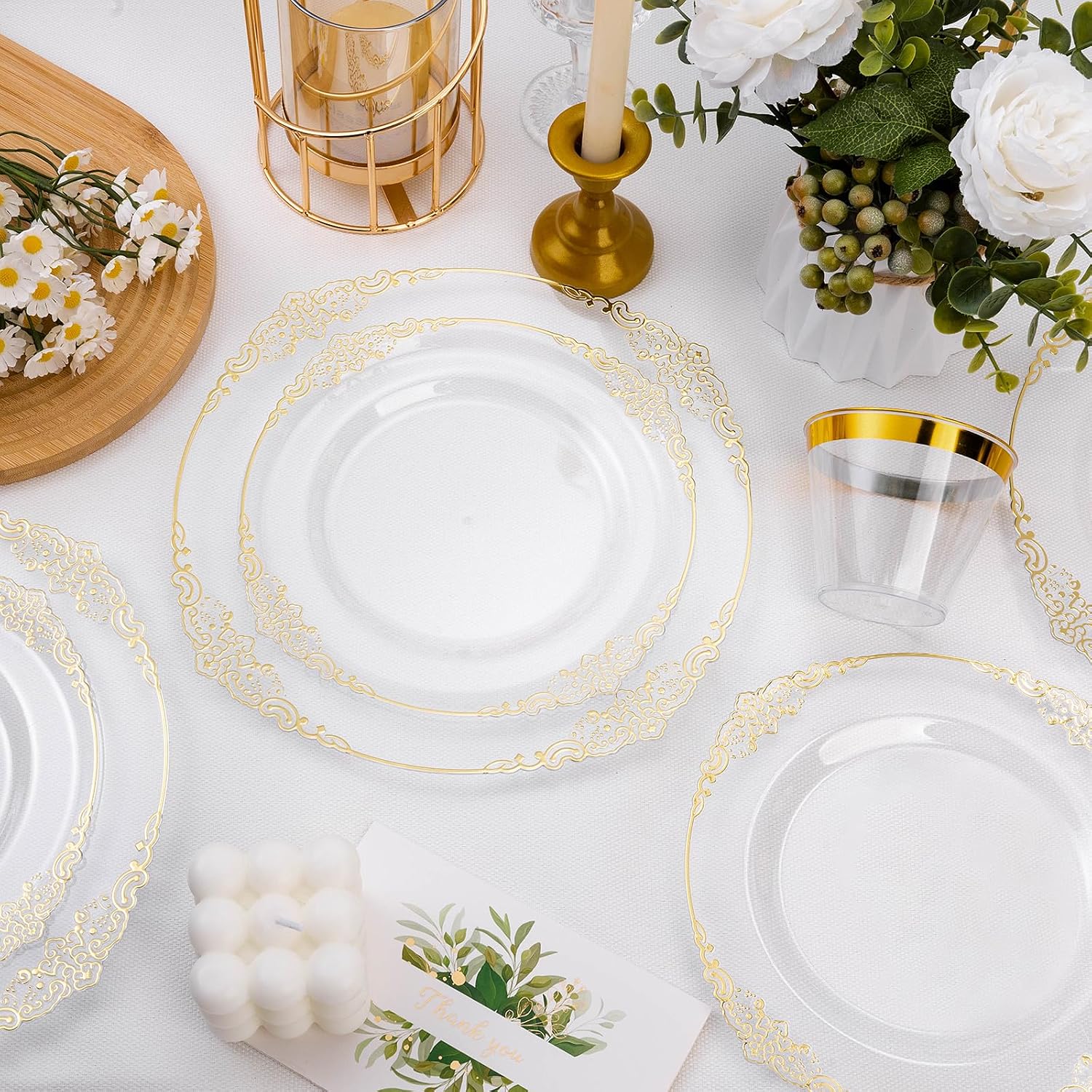 Thumbnail 4 de Bestluck 200 PCS Clear and Gold Plastic Plates 10.25