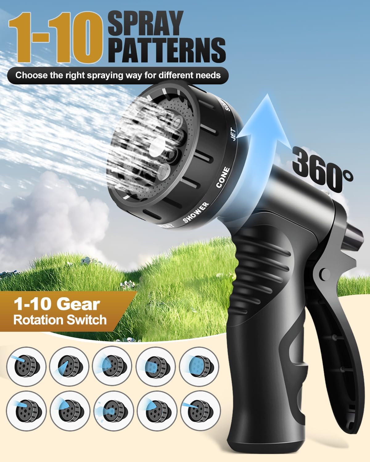 Thumbnail 3 de 150FT/45M Expandable Garden Hose with 10-Pattern Spray Nozzle and 3/4" & 1/2" Fittings (Kink-Free “Magic Hose”) – Green