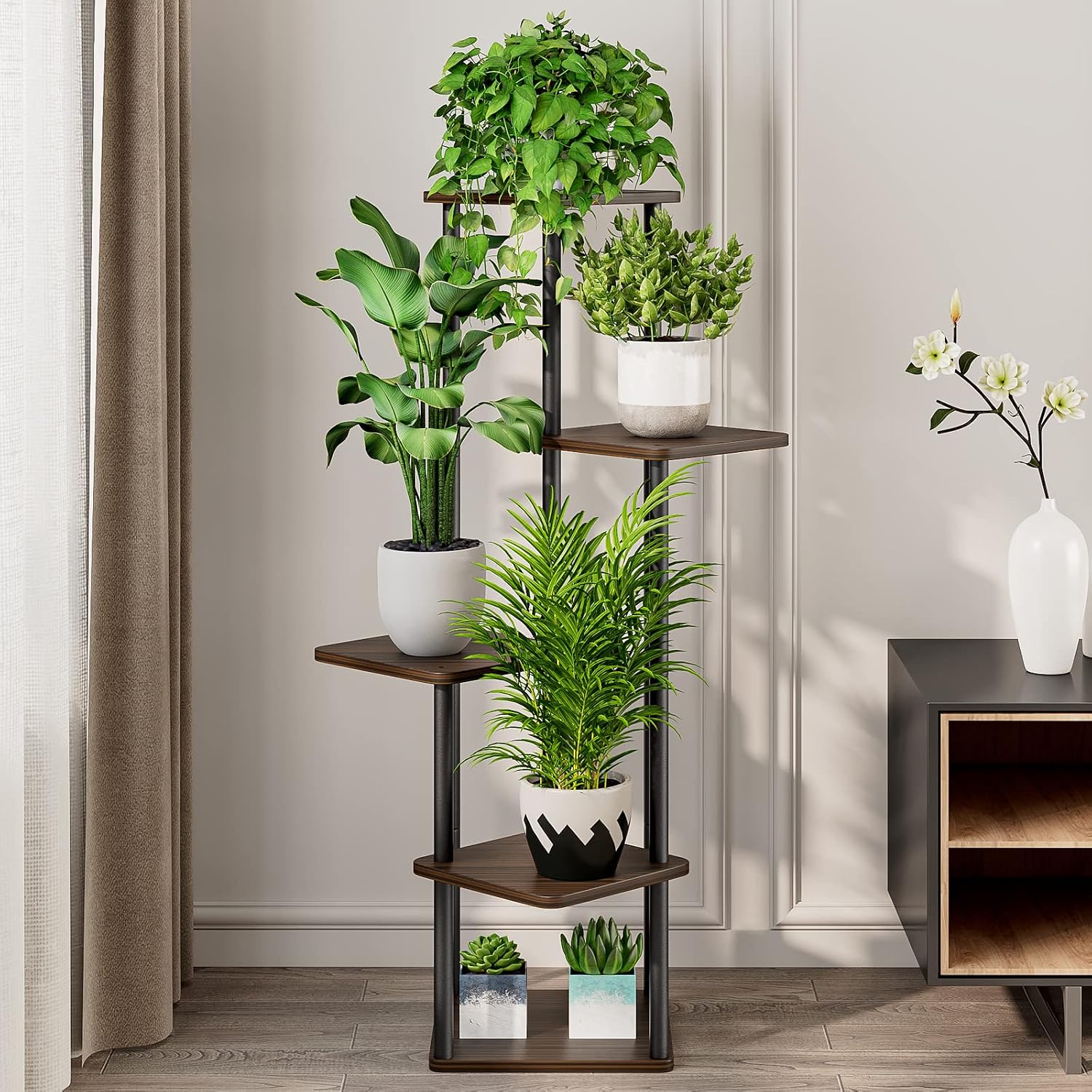 Thumbnail 2 de AZERPIAN AZH725 5-Tier Plant Stand, Metal Frame, Black Oak MDF Shelves