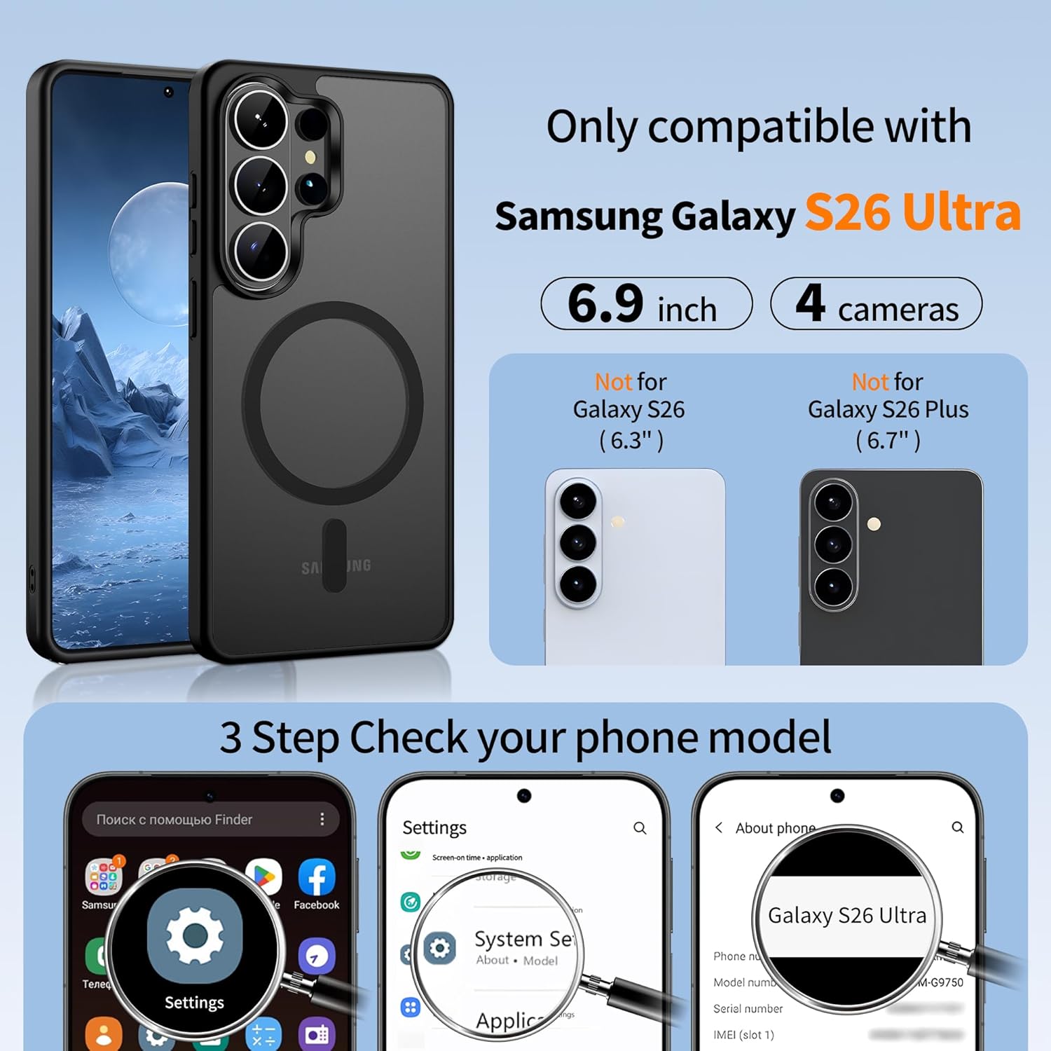 Thumbnail 1 de Jshru Magnetic Case for Samsung S26 Ultra with MagSafe support and HD screen protectors (Black)