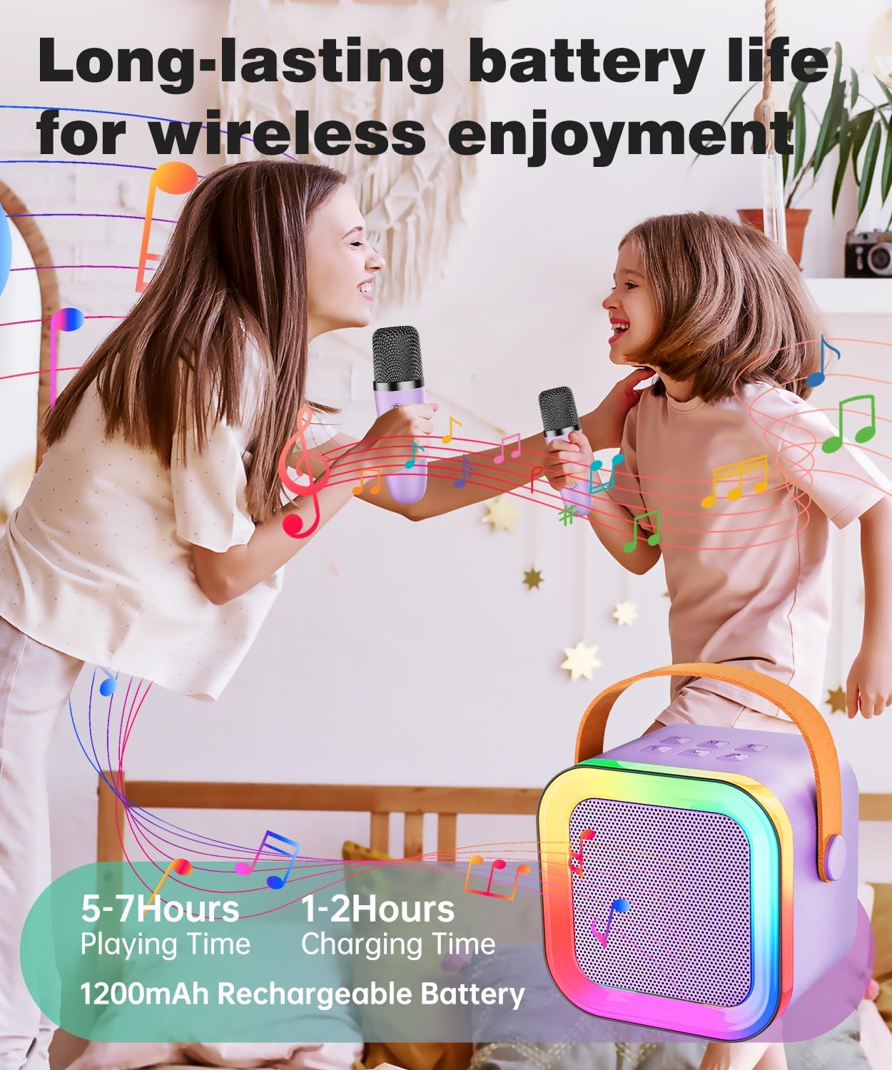 Detalle 2 de Mini Karaoke Machine Speaker for Kids & Adults (Purple, 2 Mics) — Portable Bluetooth Karaoke System