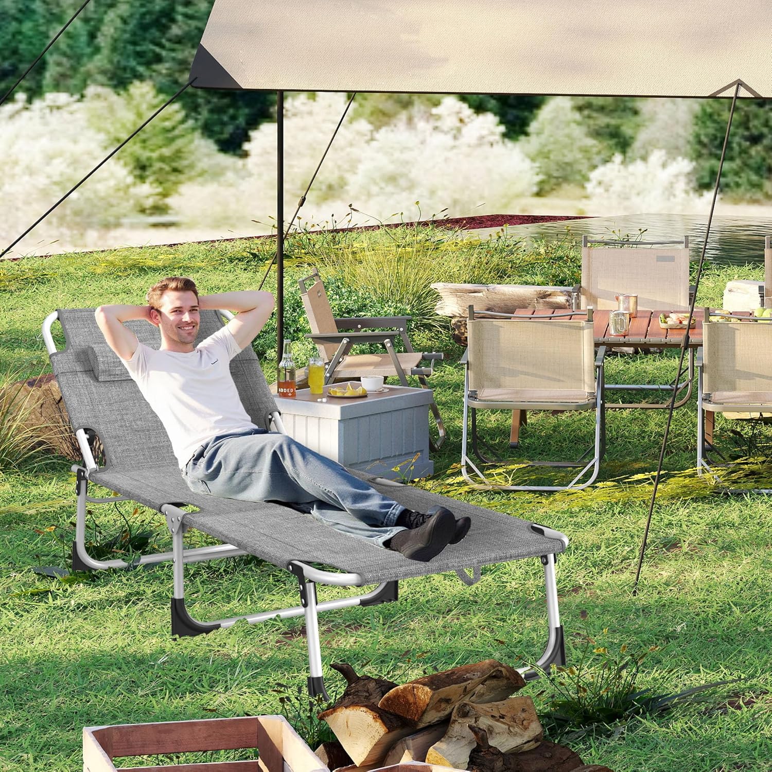 Detalle de AufuN Sonnenliege Klappbar mit Dach und Seitentasche – 195x68 cm, Grau