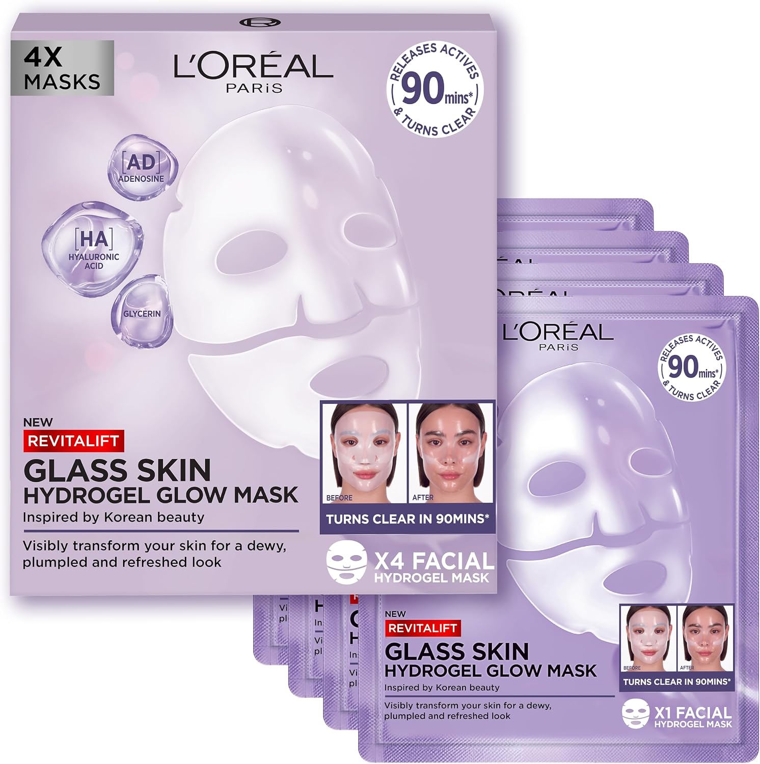 L'Oreal Paris Glass Skin Hydrogel Masks | Korean-Inspired, 4 Pcs