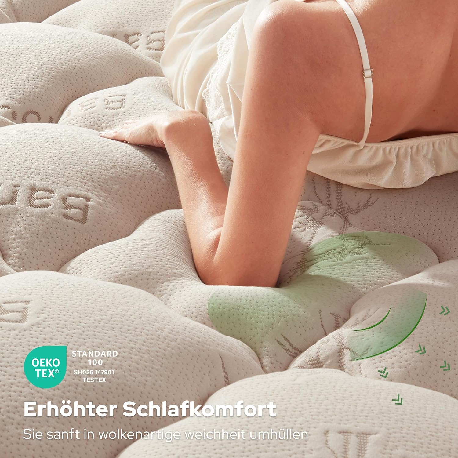 Detalle de BEDLORE Matratzentopper 160x200 cm aus Bambusfaser-Viskose – Beigefarbene Auflage mit tiefen Taschen