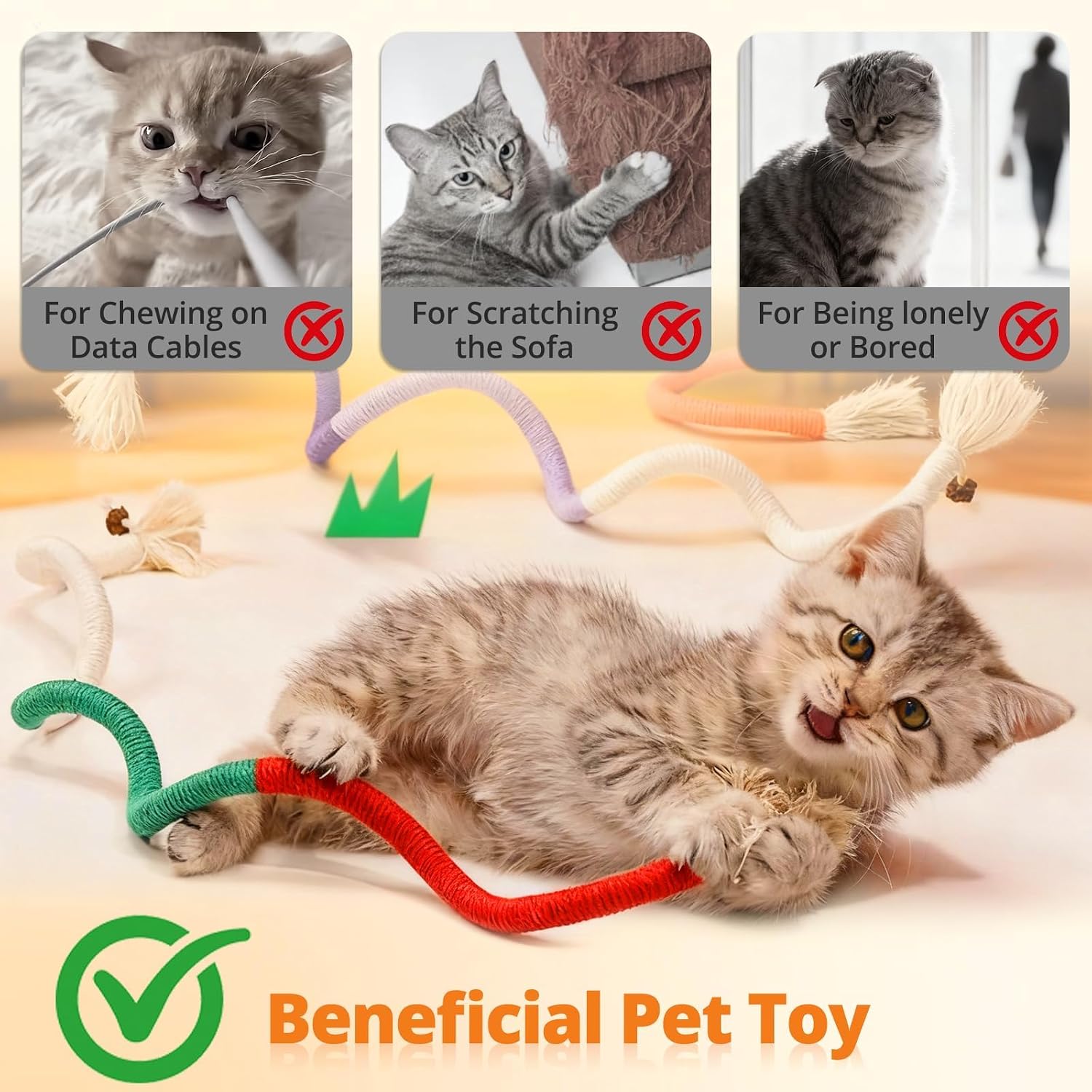Detalle de Soodyoow: 4 Giochi interattivi per Gatti con Corda da Mordere e Bastoncini per la Cura Dentale