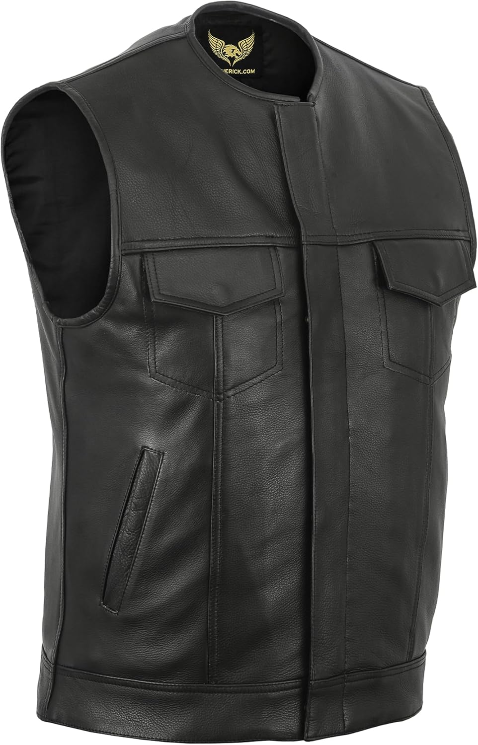 Detalle de Leatherick Gilet de motard en cuir véritable noir sans col Anarchy Club pour homme