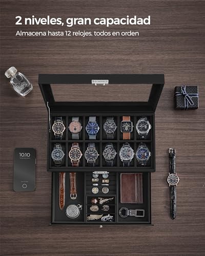 Detalle de SONGMICS Caja de Reloj JWB012B03: Estuche de 2 niveles para 12 relojes con tapa de cristal y cerradura