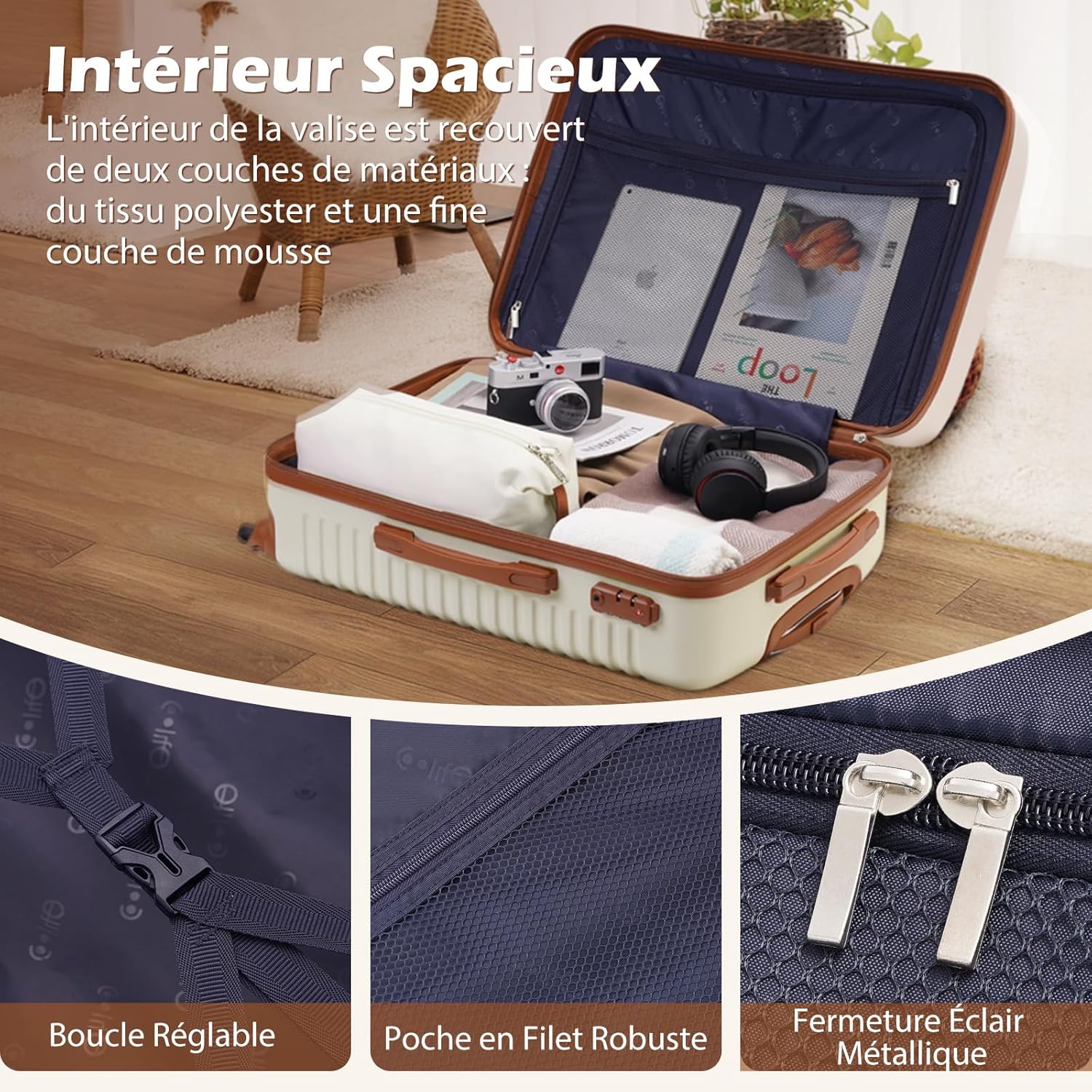 Detalle de Coolife Valise 3 Pièces – Ensemble rigide ABS avec TSA, Roues 360° et Sac à Dos (Gris/Rose) – Moyenne