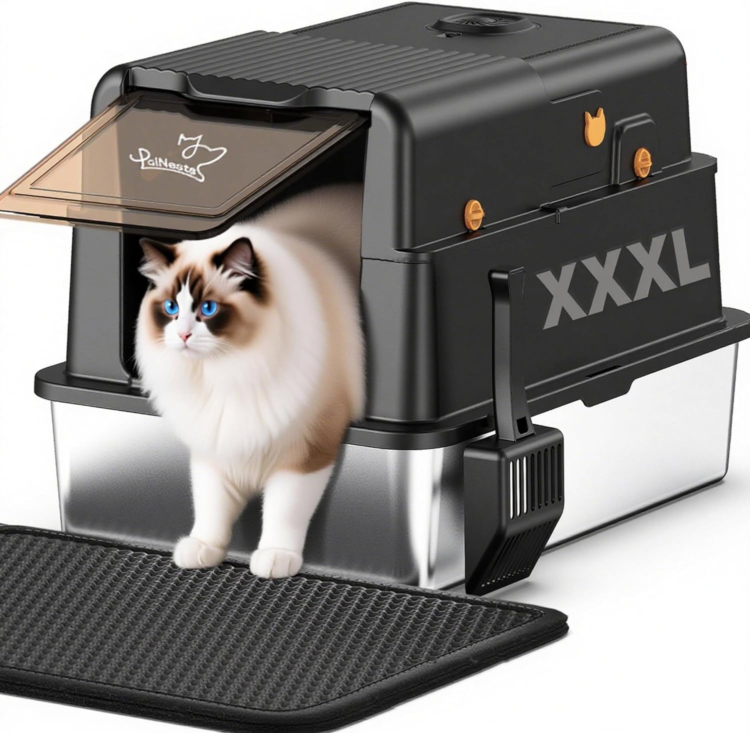 Detalle de Stainless Steel Cat Litter Tray with 105° Flip Lid — PalNest XXXL Extra Large Enclosed Box for Large Cats
