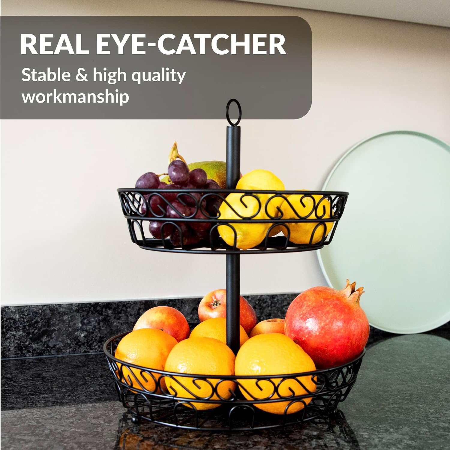 Detalle de Chefarone CHEF000025 – dwupoziomowy metalowy kosz na owoce, czarny, 25 i 30 cm