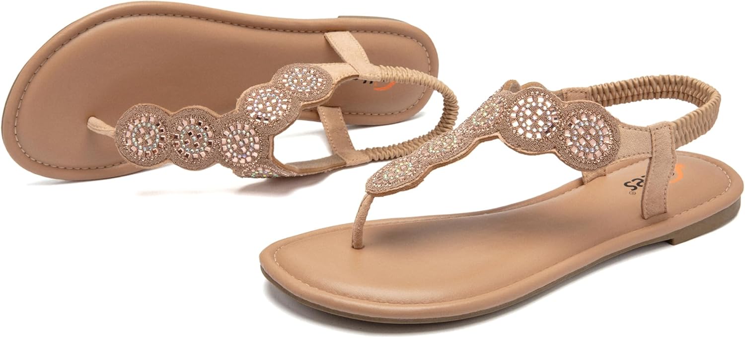 Thumbnail 3 de Veittes Damen Bohemian Flache Sandalen – Glitzernde Strassdekoration, elastischer Knöchelriemen und rutschfeste Sohle