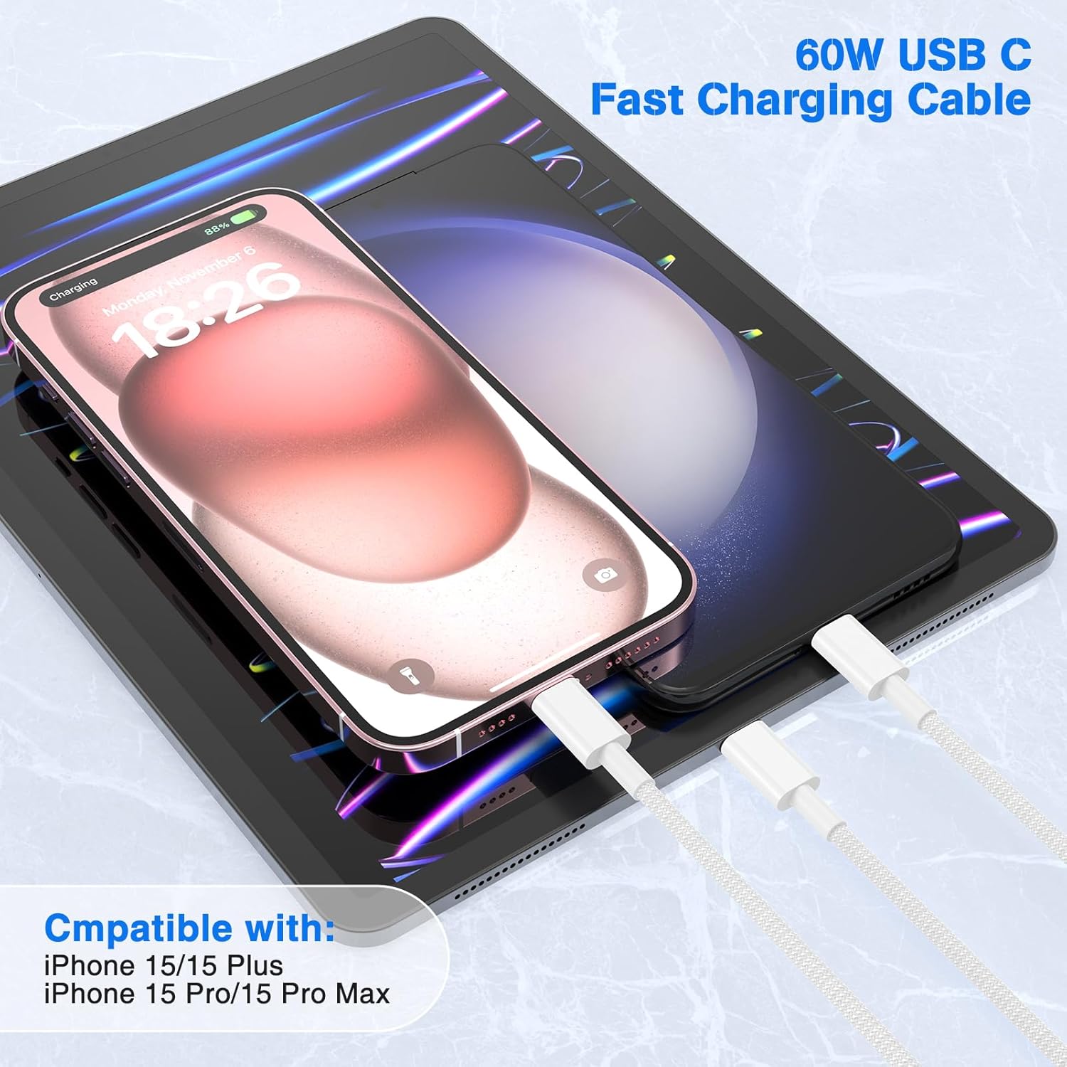 Thumbnail 4 de 3Pack USB-C to USB-C Braided Charging Cable (60W) for iPhone, iPad, MacBook, Samsung & AirPods — 3FT Multi-Color