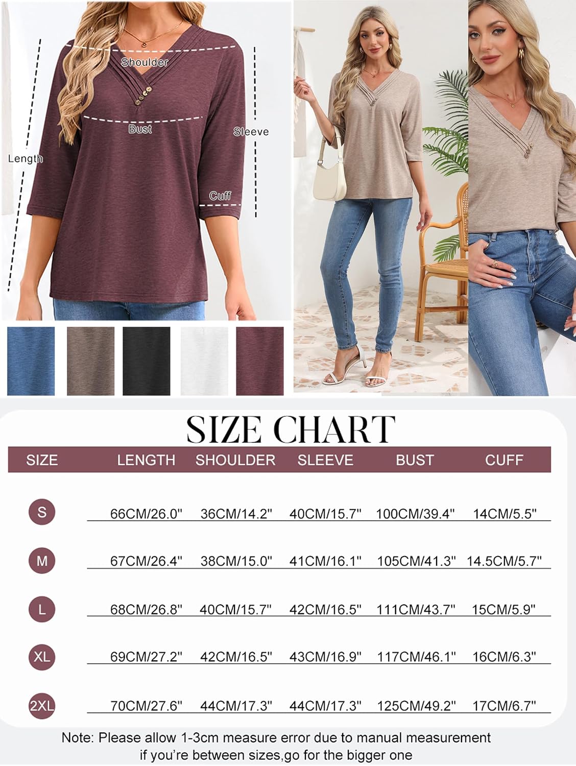 Thumbnail 5 de Famulily Pleated V Neck 3/4 Sleeve Top
