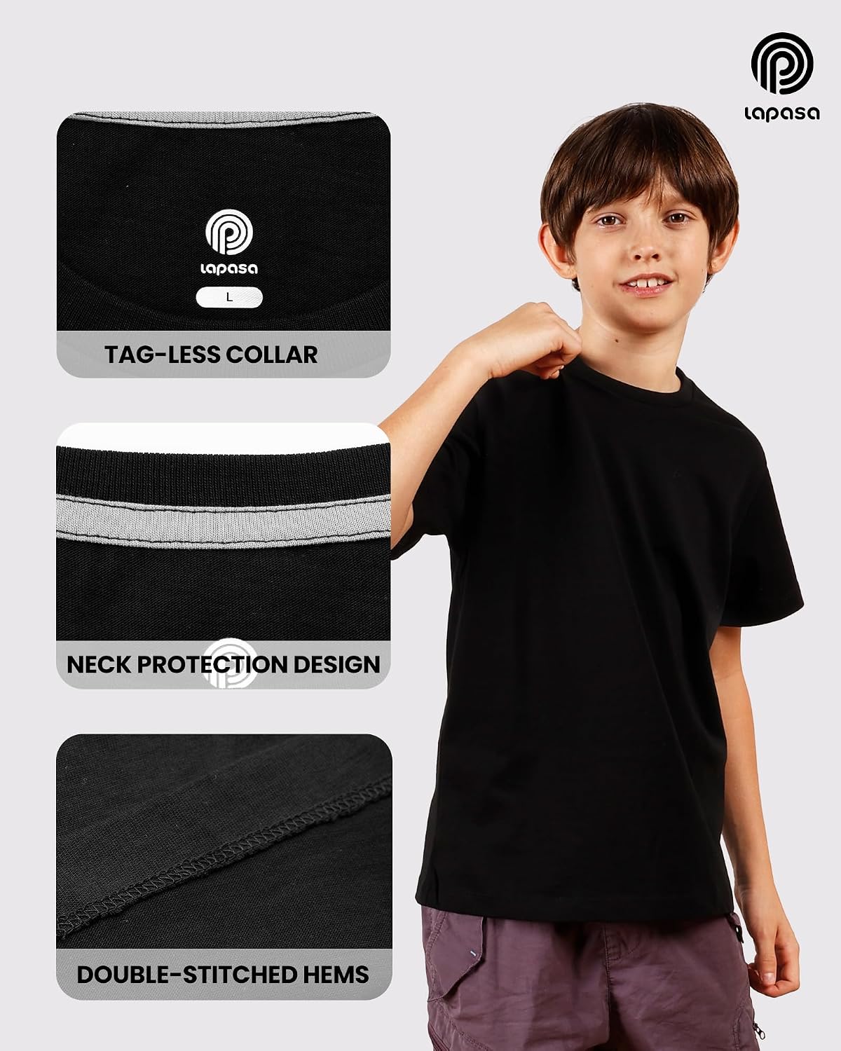 Detalle de LAPASA Kinder T-Shirt 100% Baumwolle – 4er Pack Unisex, 3–13 Jahre (K01)