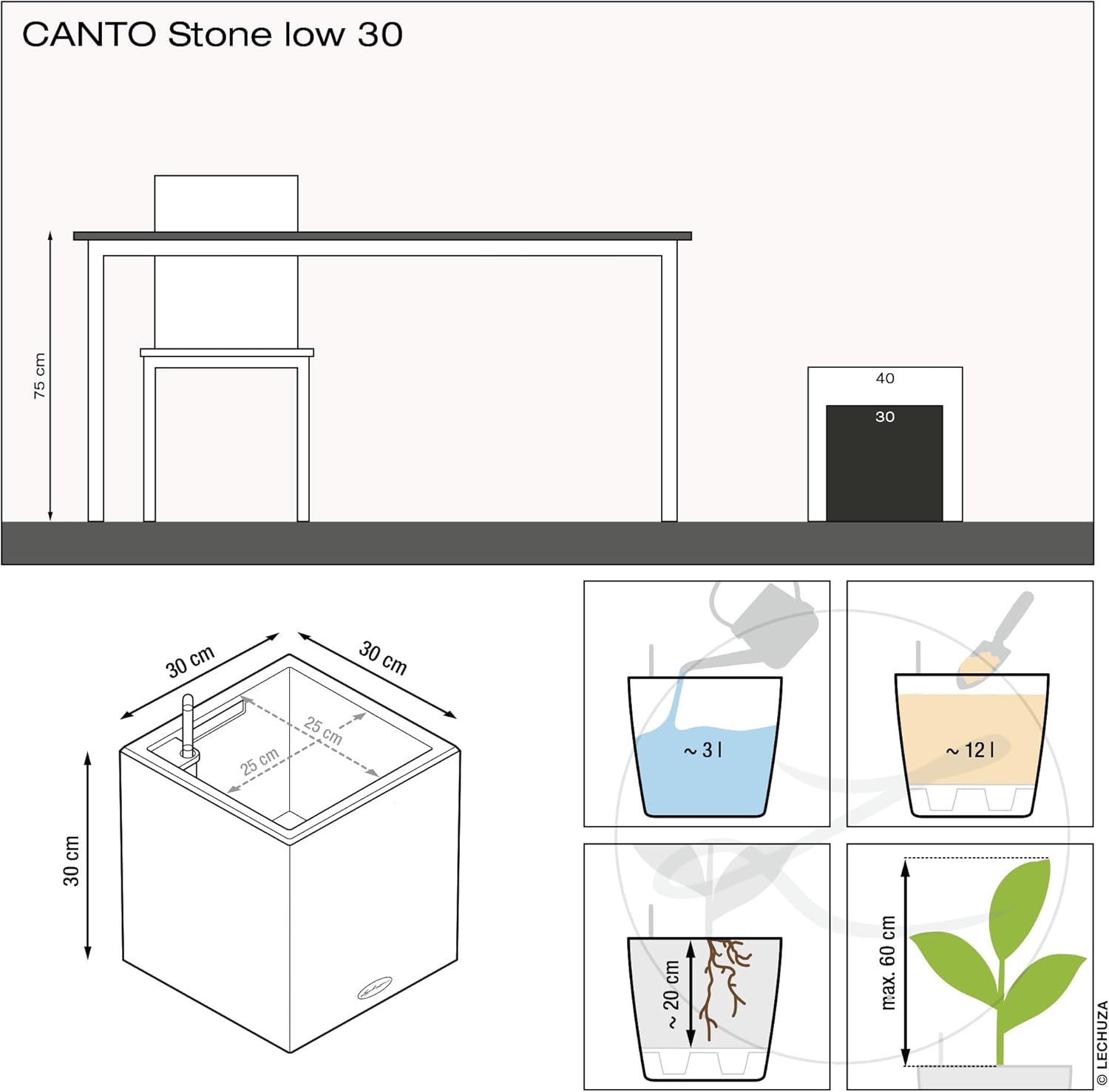 Thumbnail 3 de Lechuza Canto Stone Cube – Pot de Fleurs d’Extérieur et d’Intérieur 30 cm avec Réservoir d’Eau Intégré, Noir Graphite