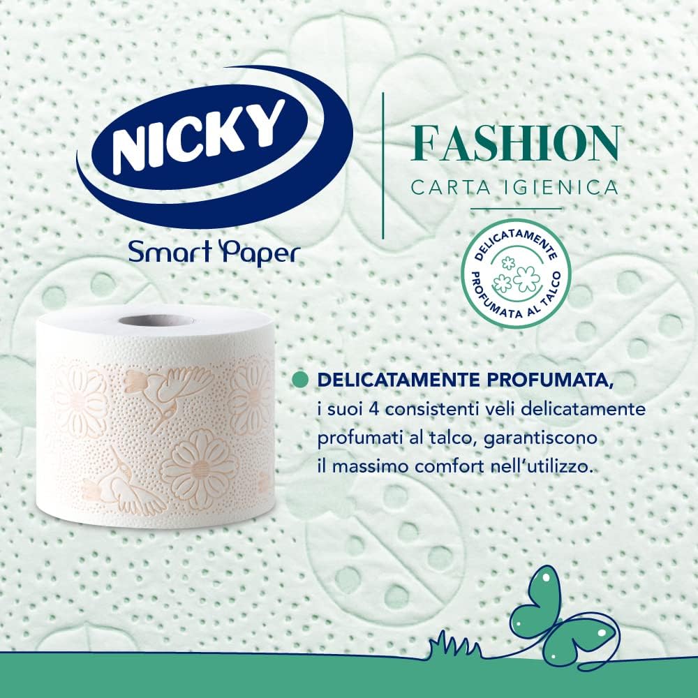 Thumbnail 4 de Nicky Fashion Carta Igienica – Confezione da 36 Maxi Rotoli a 4 Veli, Decorata e Profumata al Talco, Made in Italy