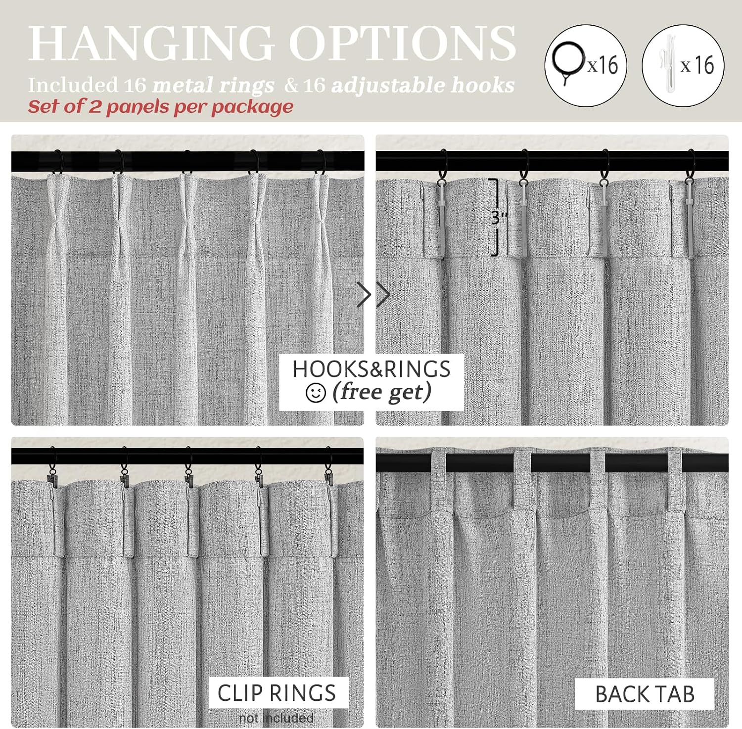 Thumbnail 6 de Unique Light Grey Pinch Pleat Thick Natural Linen 86 Inch Curtain Set (2 Panels) with Memory Pleats and Back Tab