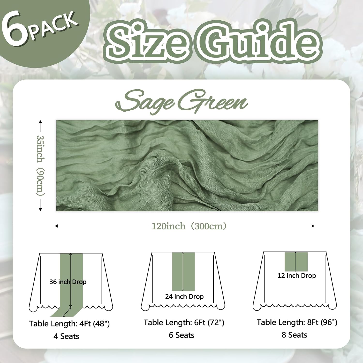 Detalle de 6 Pack Sage Green Boho Gauze Table Runner (35 x 120 in) for Rustic Spring Décor, Baby Showers, Weddings