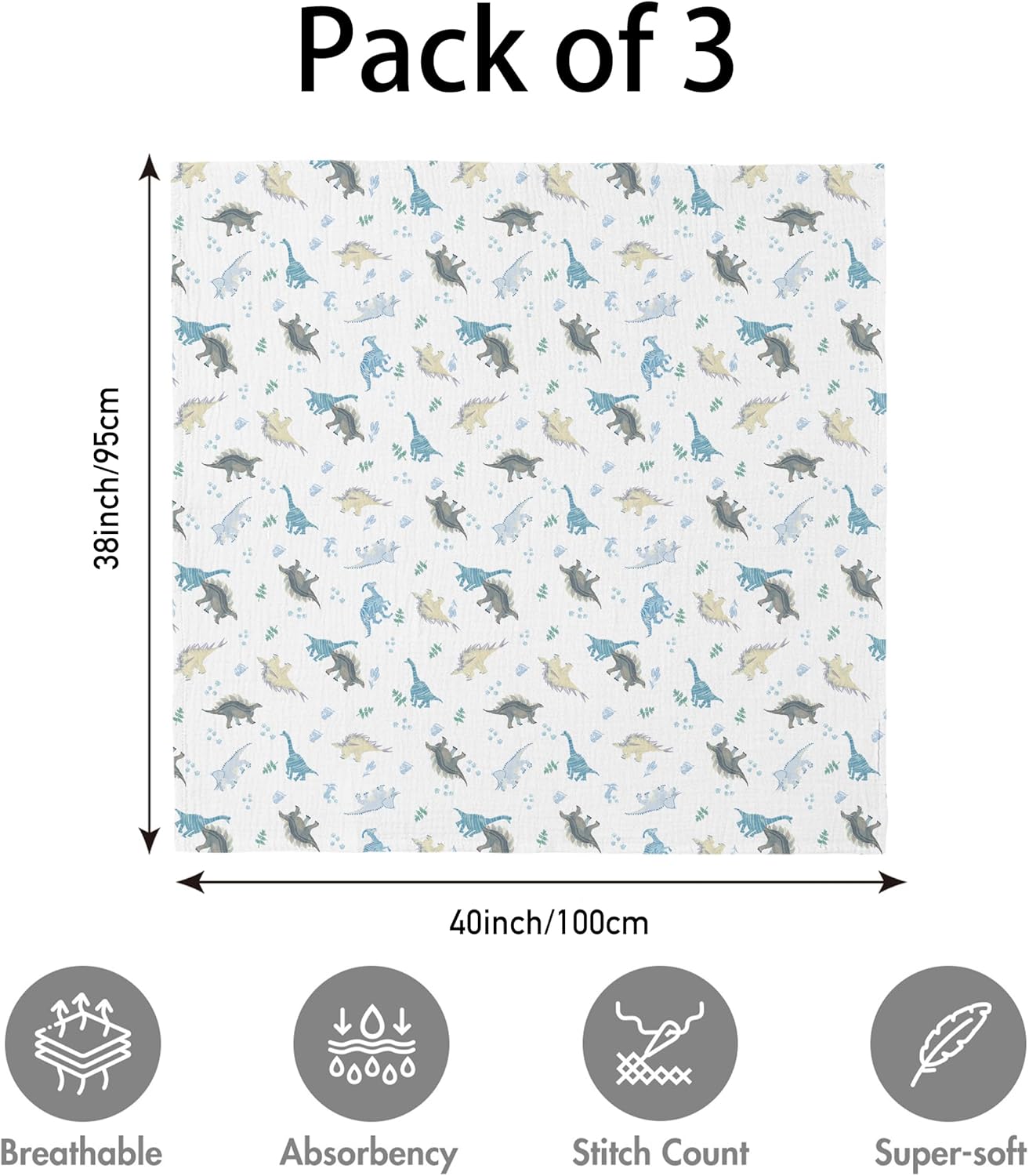 Thumbnail 3 de Blue Dinosaur Muslin Swaddle Blankets 38x40 inches