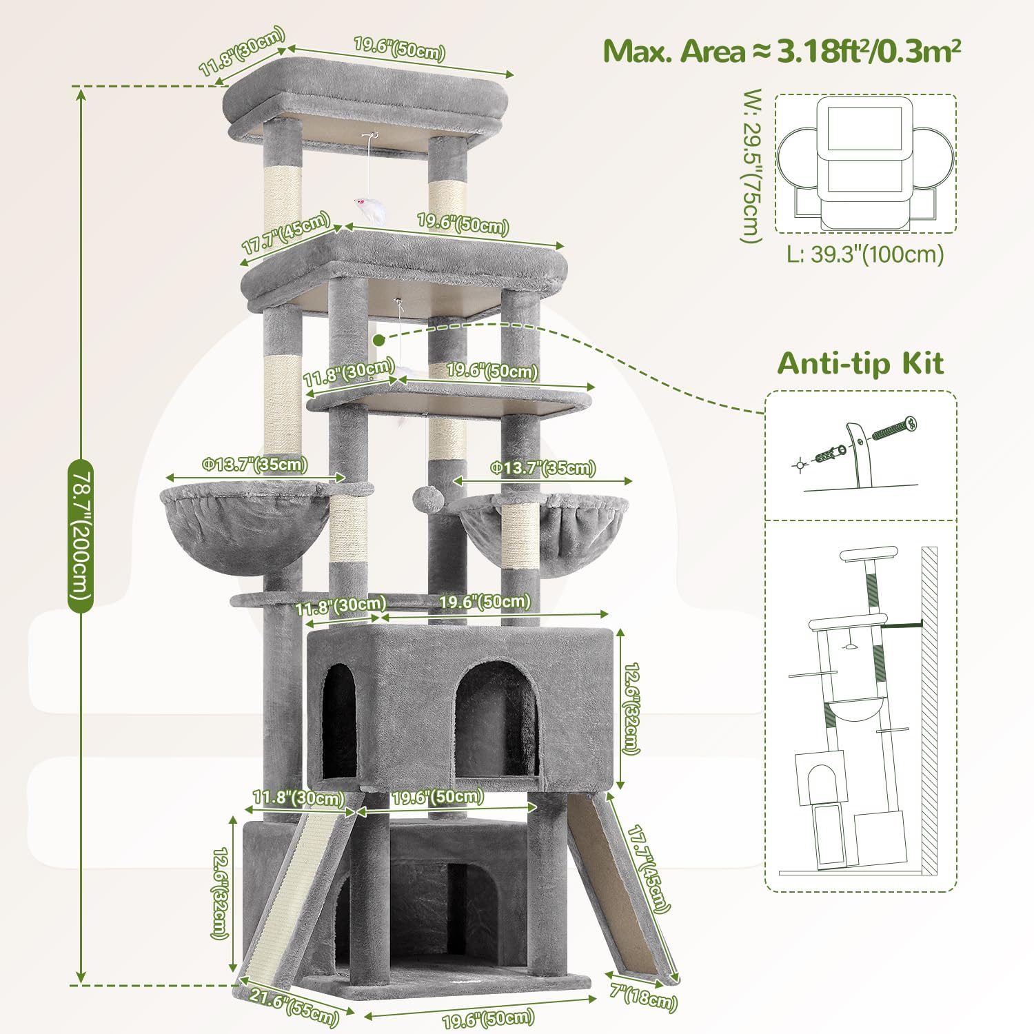 Detalle 2 de Globlazer Z78 Cat Tree for Large Cats, 78.35-Inch, 7 Levels, Light Gray