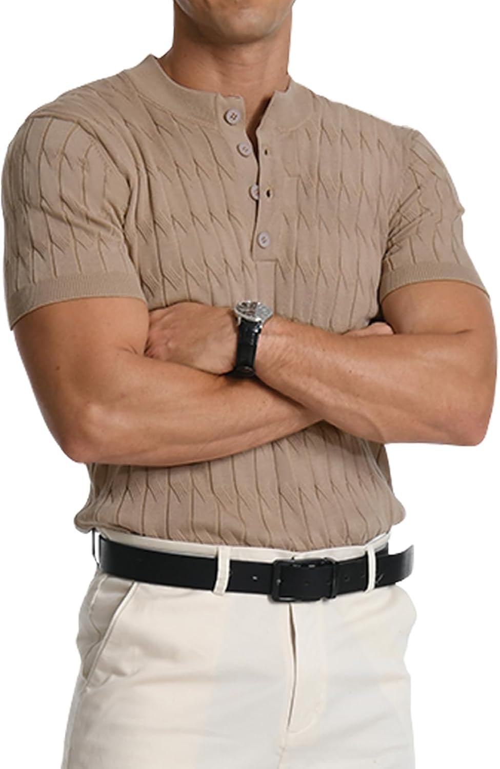 Detalle de MLANM Men’s Knitted Henley T-Shirt (Short Sleeve, Slim Fit) – Lightweight summer polo style