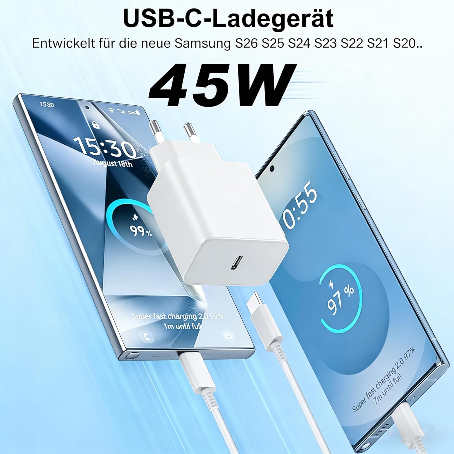 Thumbnail 1 de Chargeur USB-C 45 W pour Samsung avec câble 2 m (USB-C PD) – recharge rapide et kit mobilité