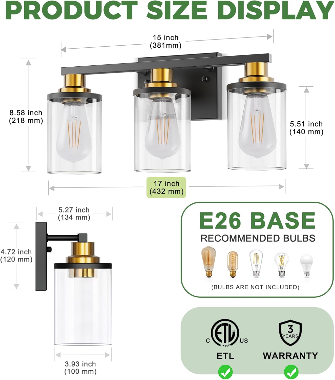 Detalle 2 de DORESshop 3-Light Black and Gold Bathroom Light Fixture (Clear Glass Shades) — ETL Listed, E26