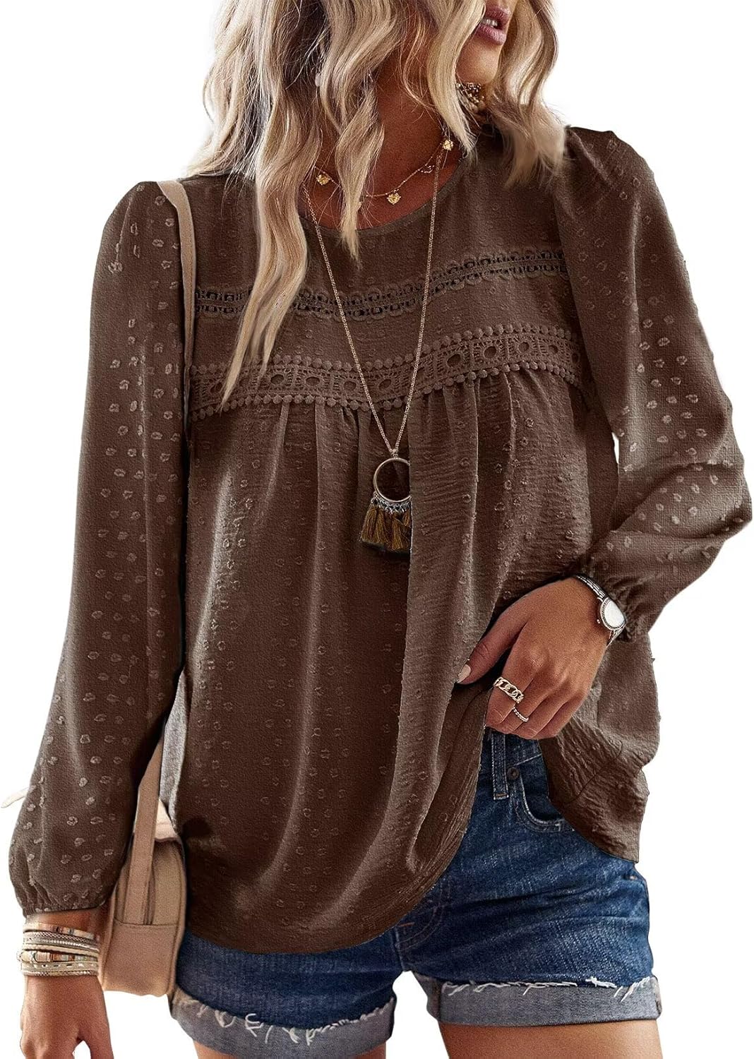 Detalle 2 de TUUHAW Women’s Boho Crochet Lace Round Neck Long Sleeve Top