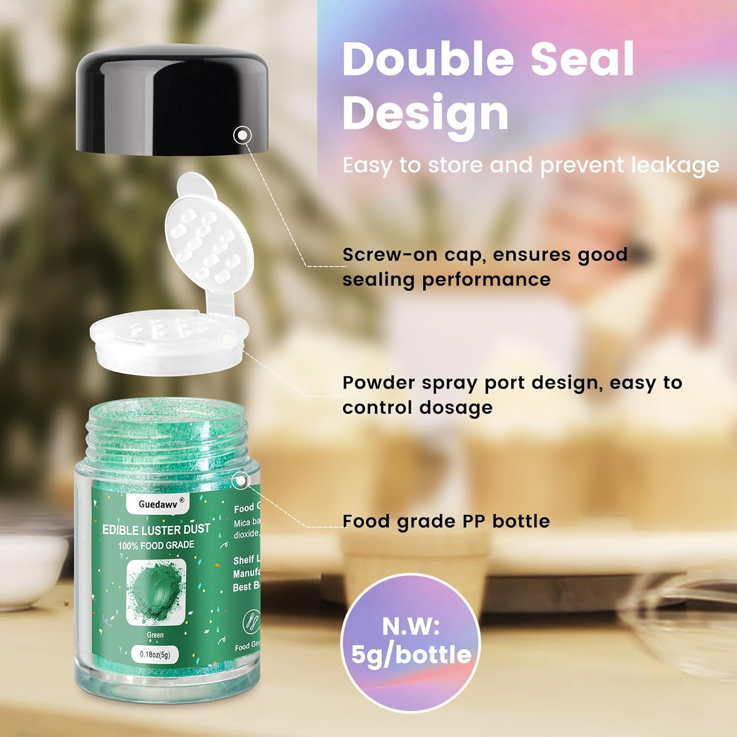 Thumbnail 6 de PUPKOLI Edible Glitter Set, 5 Colors, 5g Bottles for Drinks and Baking