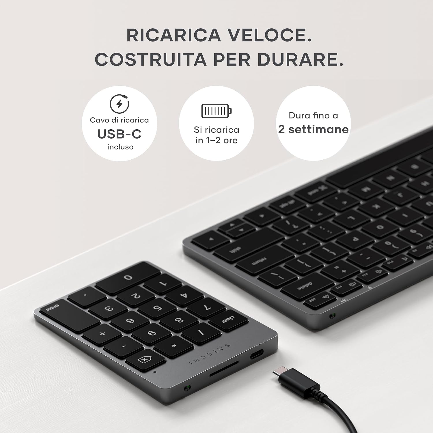 Detalle de Satechi Tastierino Numerico Wireless Slim in alluminio con 18 tasti, Bluetooth e ricarica USB-C (layout US) – grigio