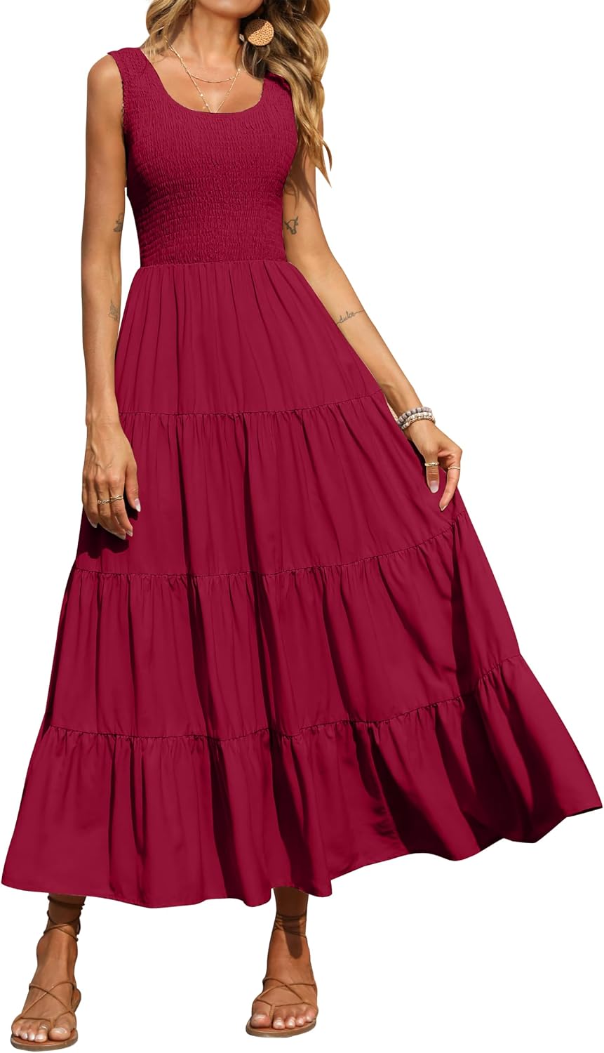 Detalle de PRETTYGARDEN Women's 2026 Casual Maxi Sundress with Smocked Tank, Sleeveless, Tiered Long Dress