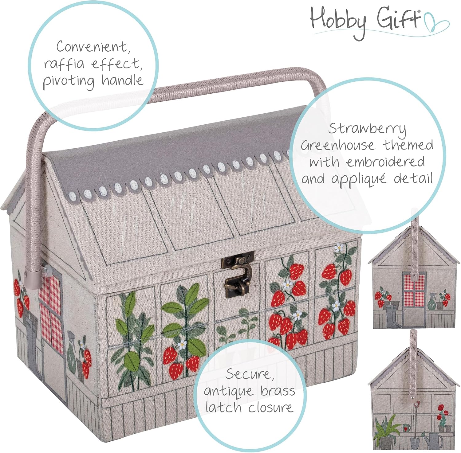 Detalle 2 de Hobby Gift pudełko do szycia w kształcie szklarni, haftowane truskawki
