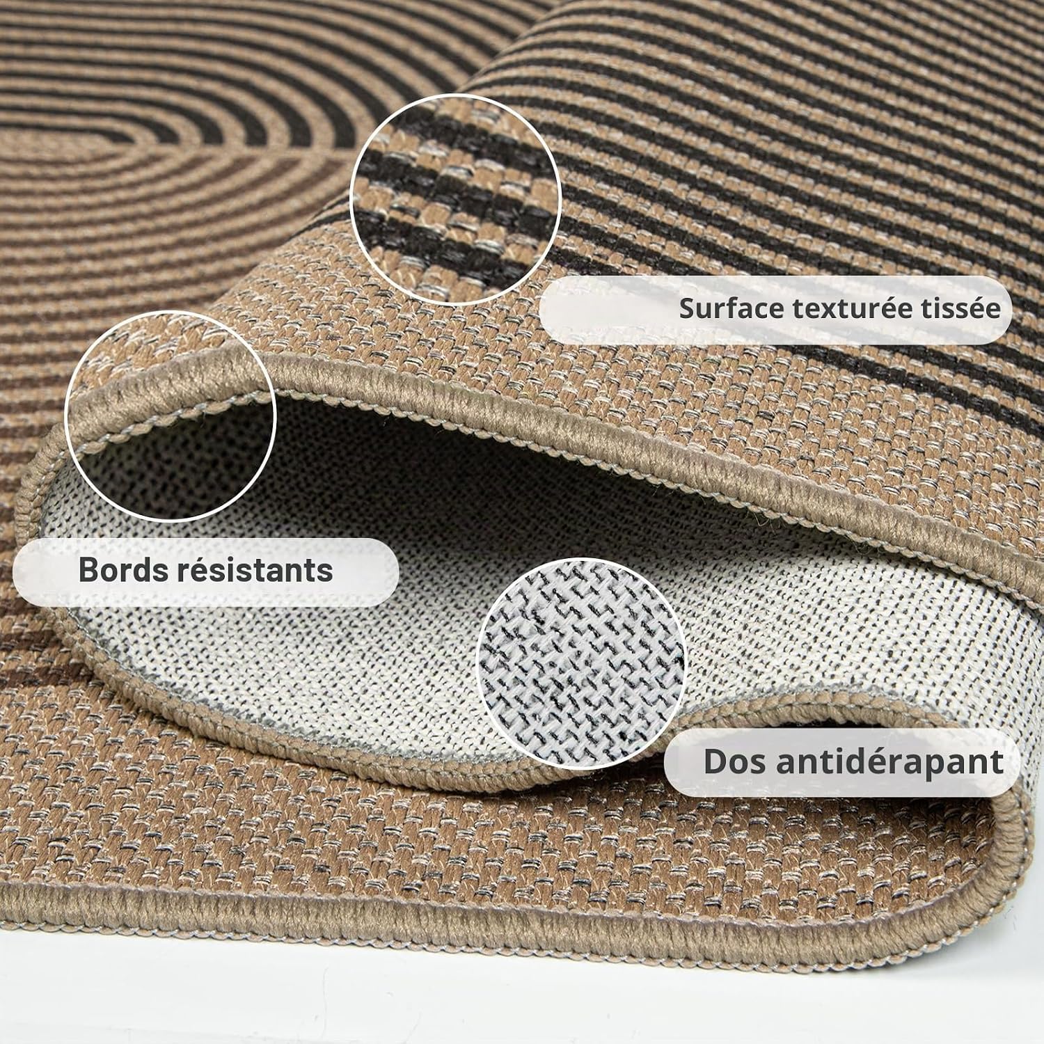 Detalle 2 de Capslpad rond tapijt 120 cm, jute-look, antislip en wasbaar, zwart-bruin