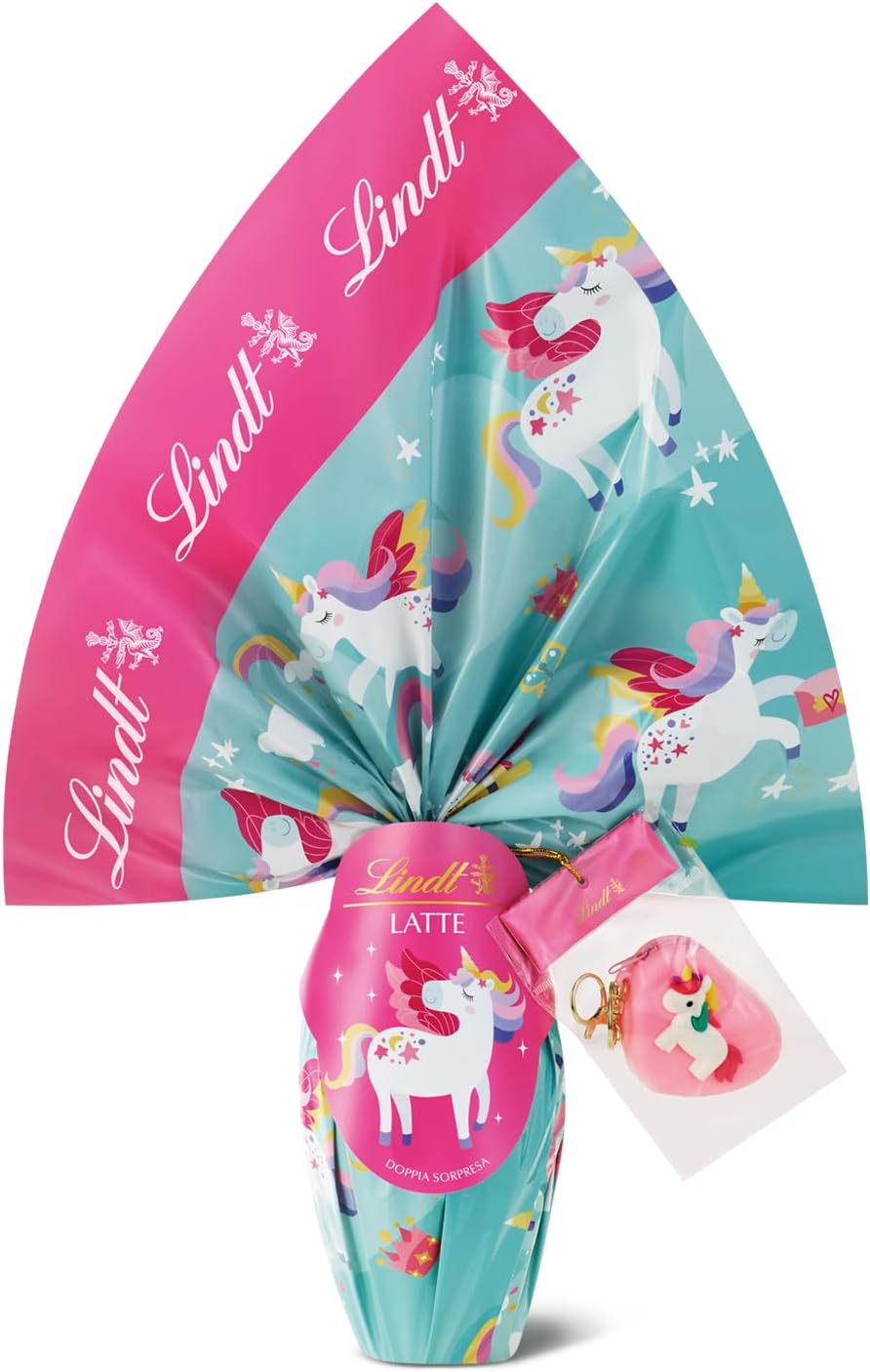 Detalle de Uovo di Pasqua Lindt 2026 per bambini al cioccolato al latte con doppia sorpresa Unicorni, 240 g