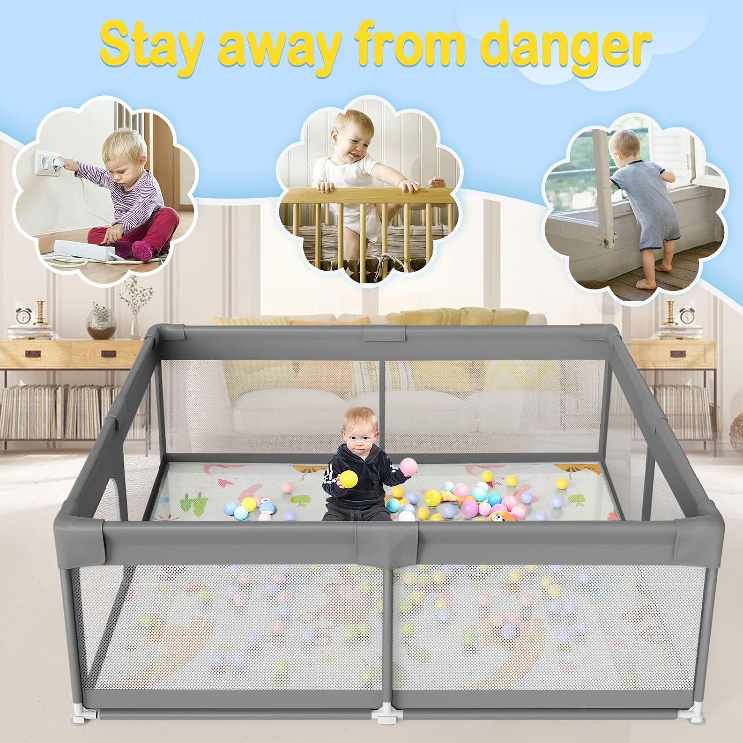 Thumbnail 2 de Palopalo 51 x 51 in Baby Playpen with Mat, Breathable Mesh and Padded Rails