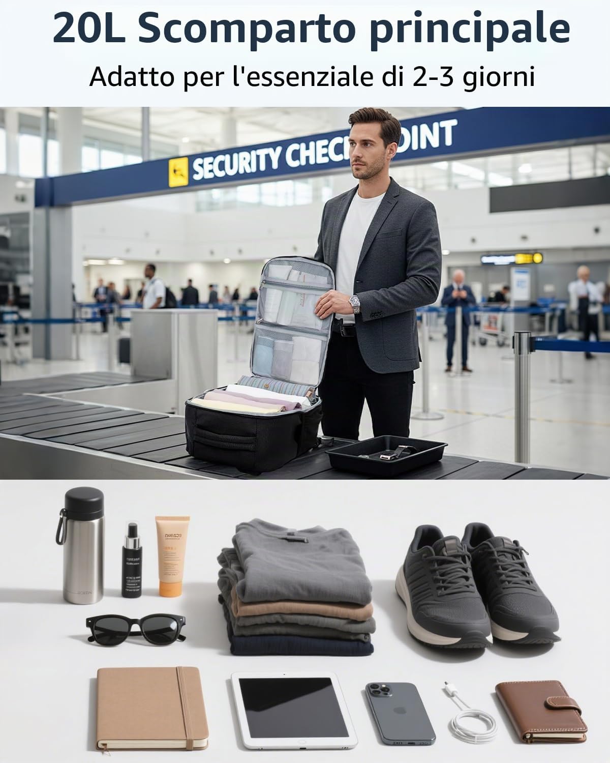 Detalle de ECOHUB Zaino Ryanair 20L – Zaino da viaggio 40x20x25 cm per laptop 14", riciclato e impermeabile