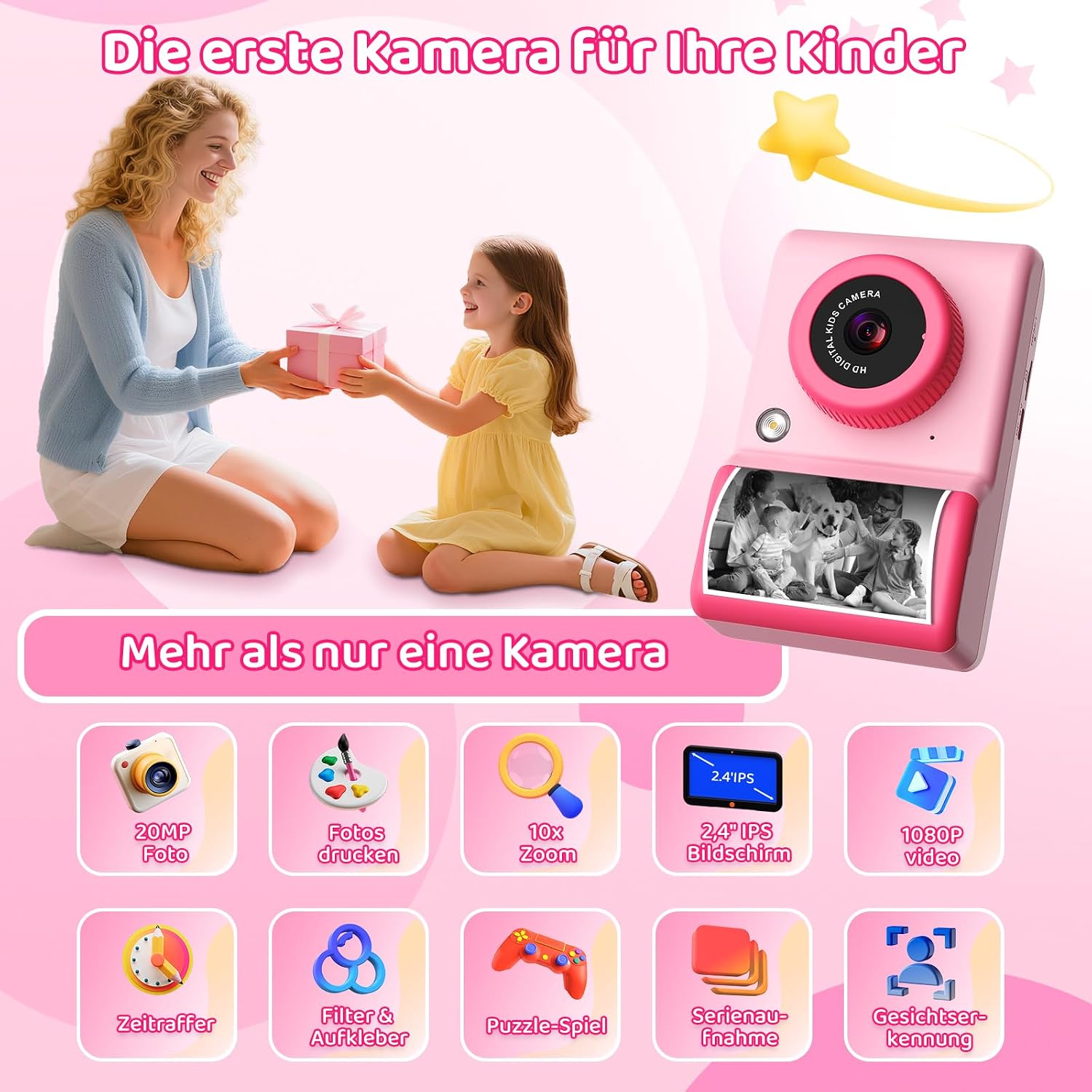 Detalle de uleway Kinder-Sofortbildkamera mit 2,4" Bildschirm, 32GB Karte & Sofortdruck (Rosa)