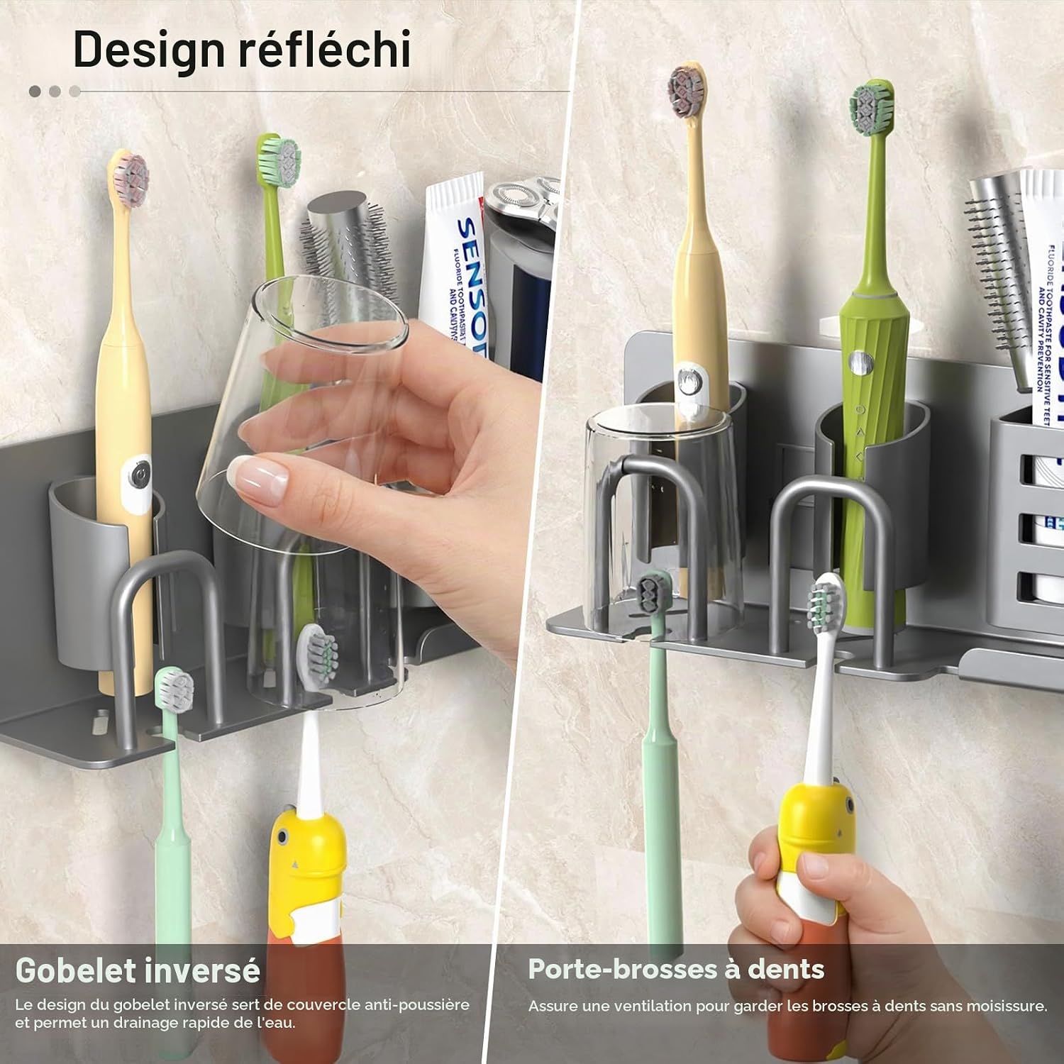 Detalle de KEXIBO Support mural pour brosse à dents électrique sans perçage — aluminium gris, porte-gobelets inversés et rangement rasoir