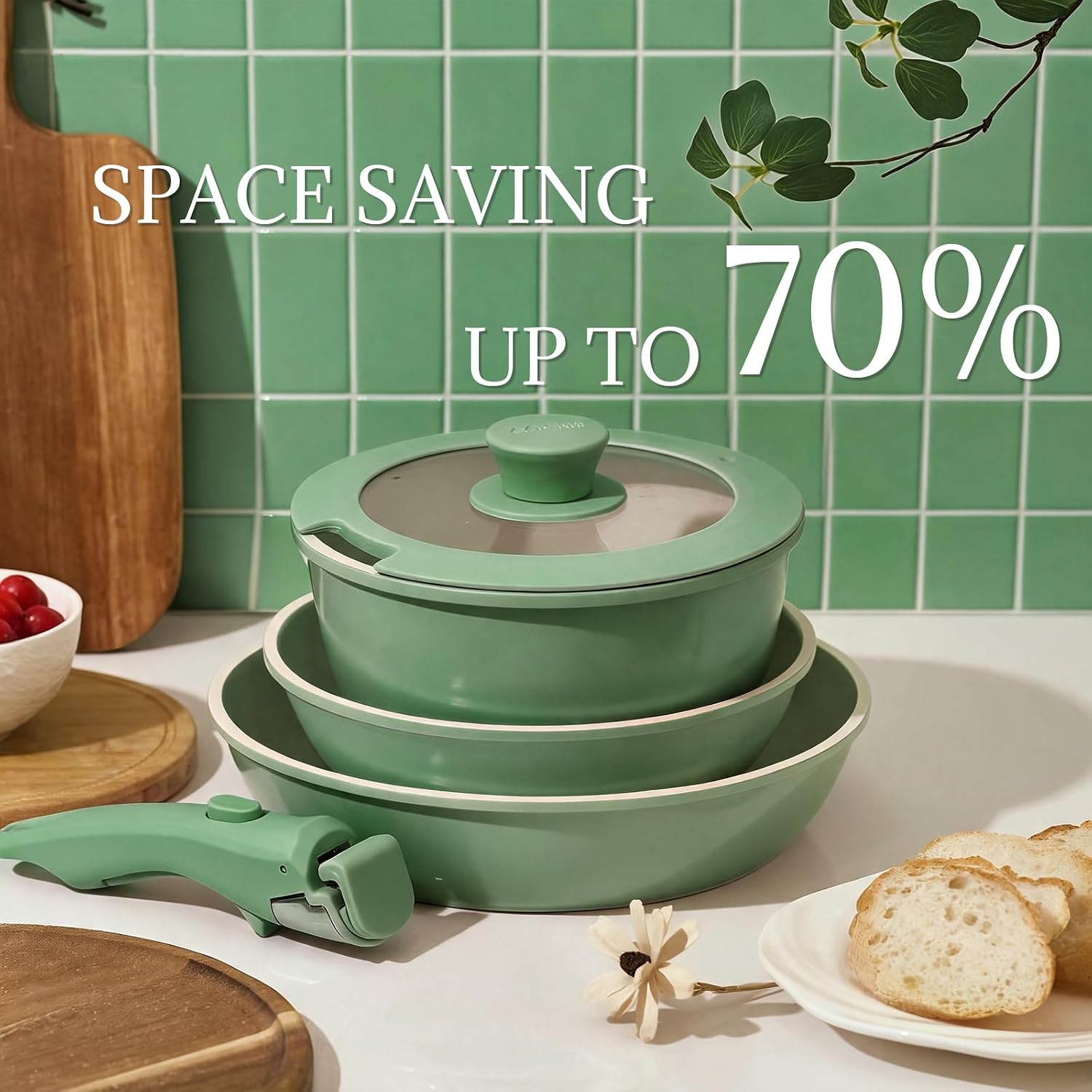 Thumbnail 6 de Coicur COICUR8PCS 8-Piece Ceramic Cookware Set, Removable Handle, Forest Green
