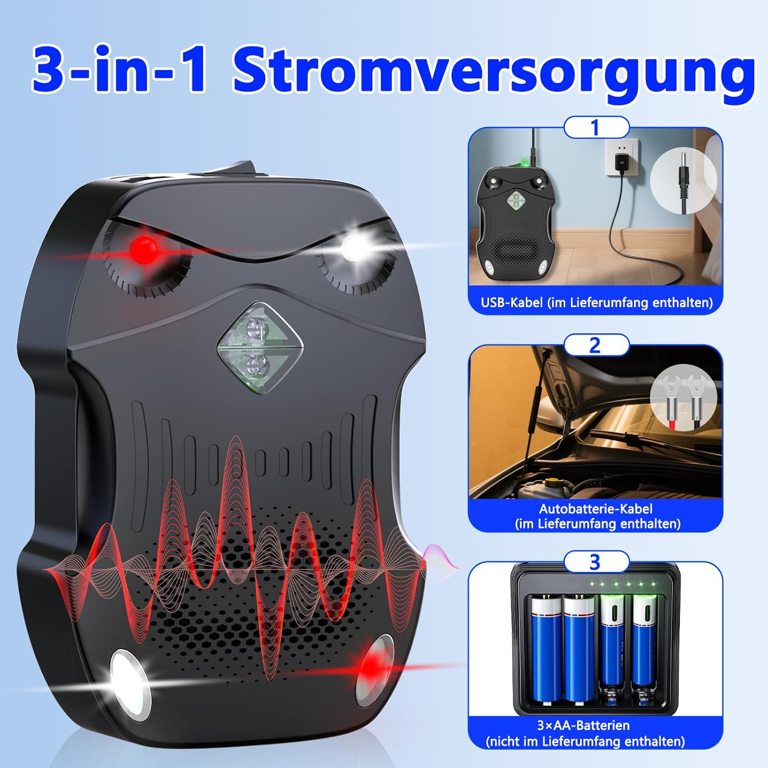 Detalle de Morole Marderschreck Auto 80㎡ | 3-IN-1 Stromversorgung, Ultraschall, Blitzlicht & Alarmton – flexibel einsetzbar