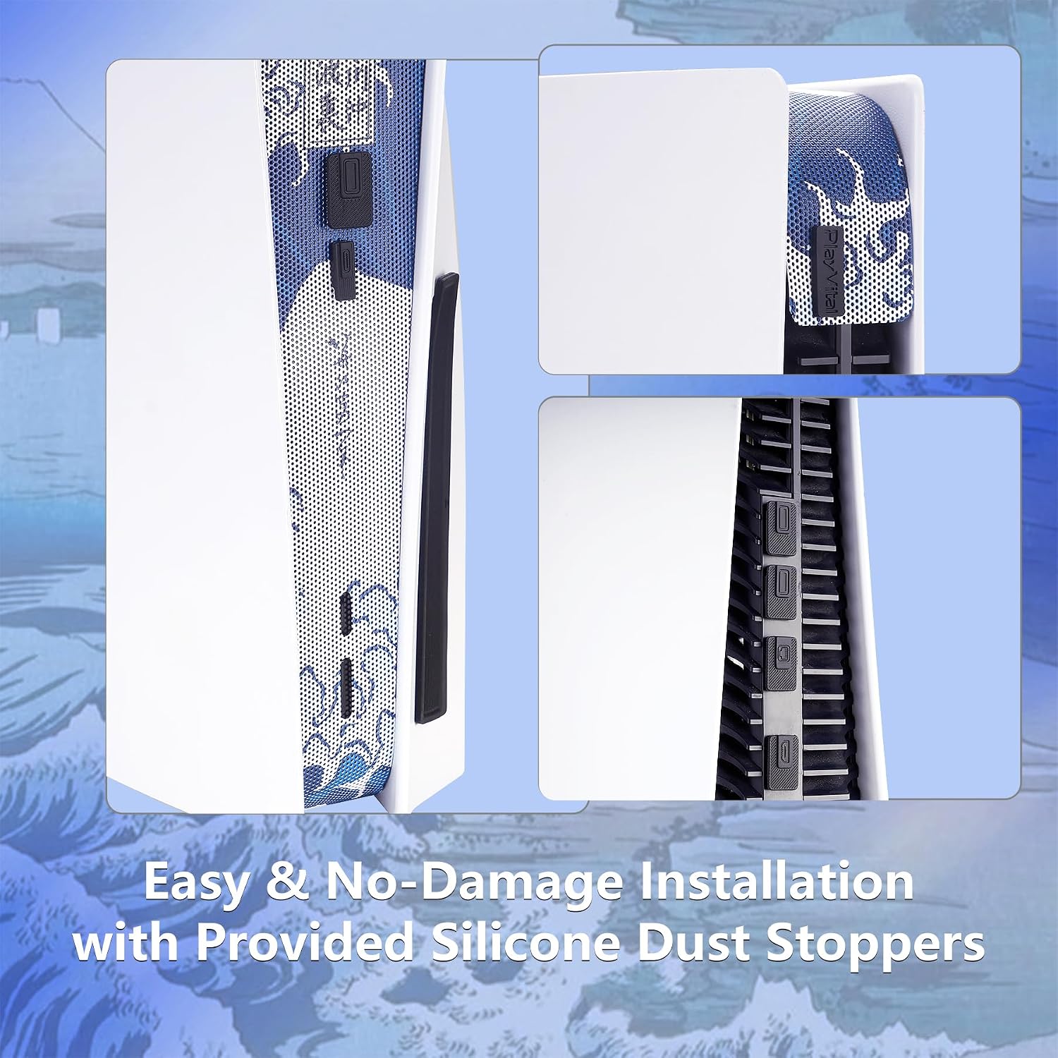 Detalle de playvital Dust Filter and Port Plug Set for PS5 Disc & Digital Console (Great Wave Off Kanagawa) – anti-dust kit
