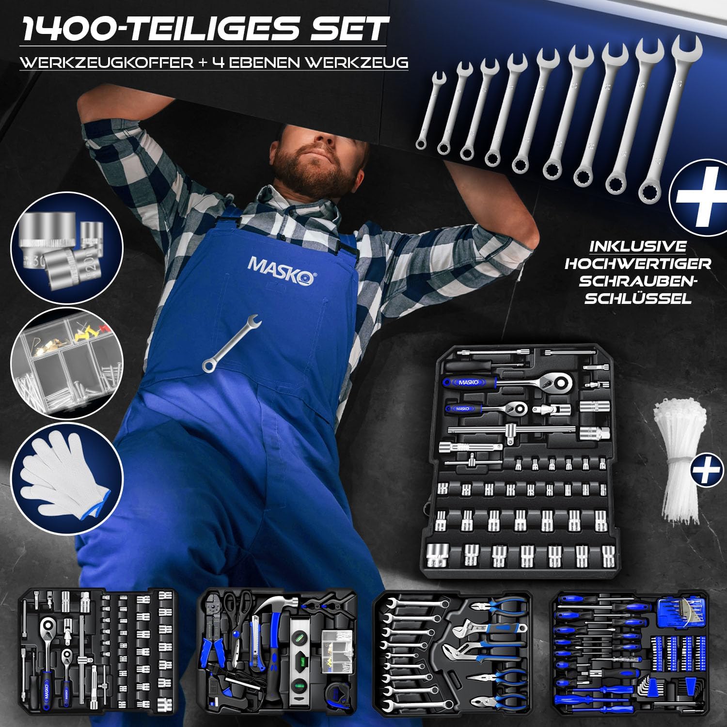 Thumbnail 5 de MASKO Werkzeugkoffer 1400-teilig gefüllt – Aluminiumkoffer mit Trolley-Funktion